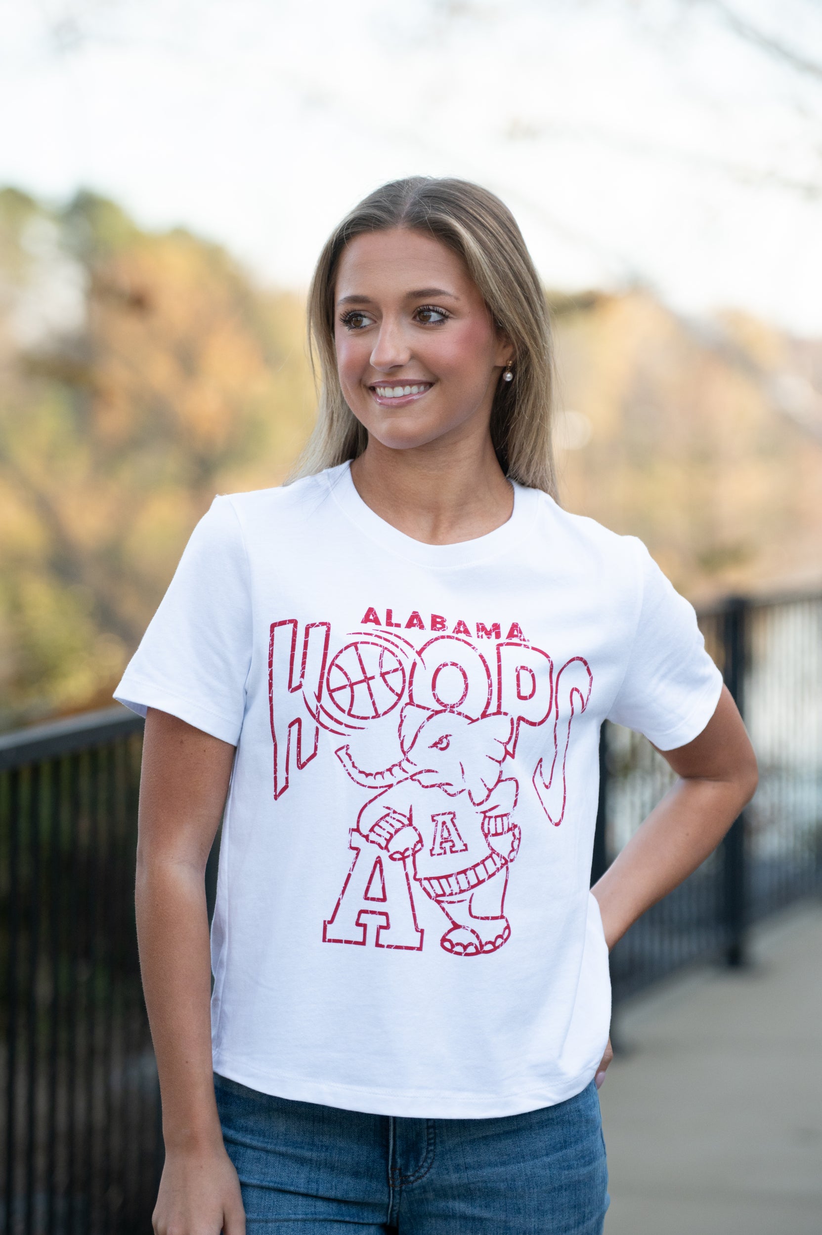 University of Alabama White Ladies Tee with The word “Hoops” above the Old School Al Logo