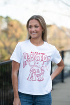 University of Alabama White Ladies Tee with The word “Hoops” above the Old School Al Logo