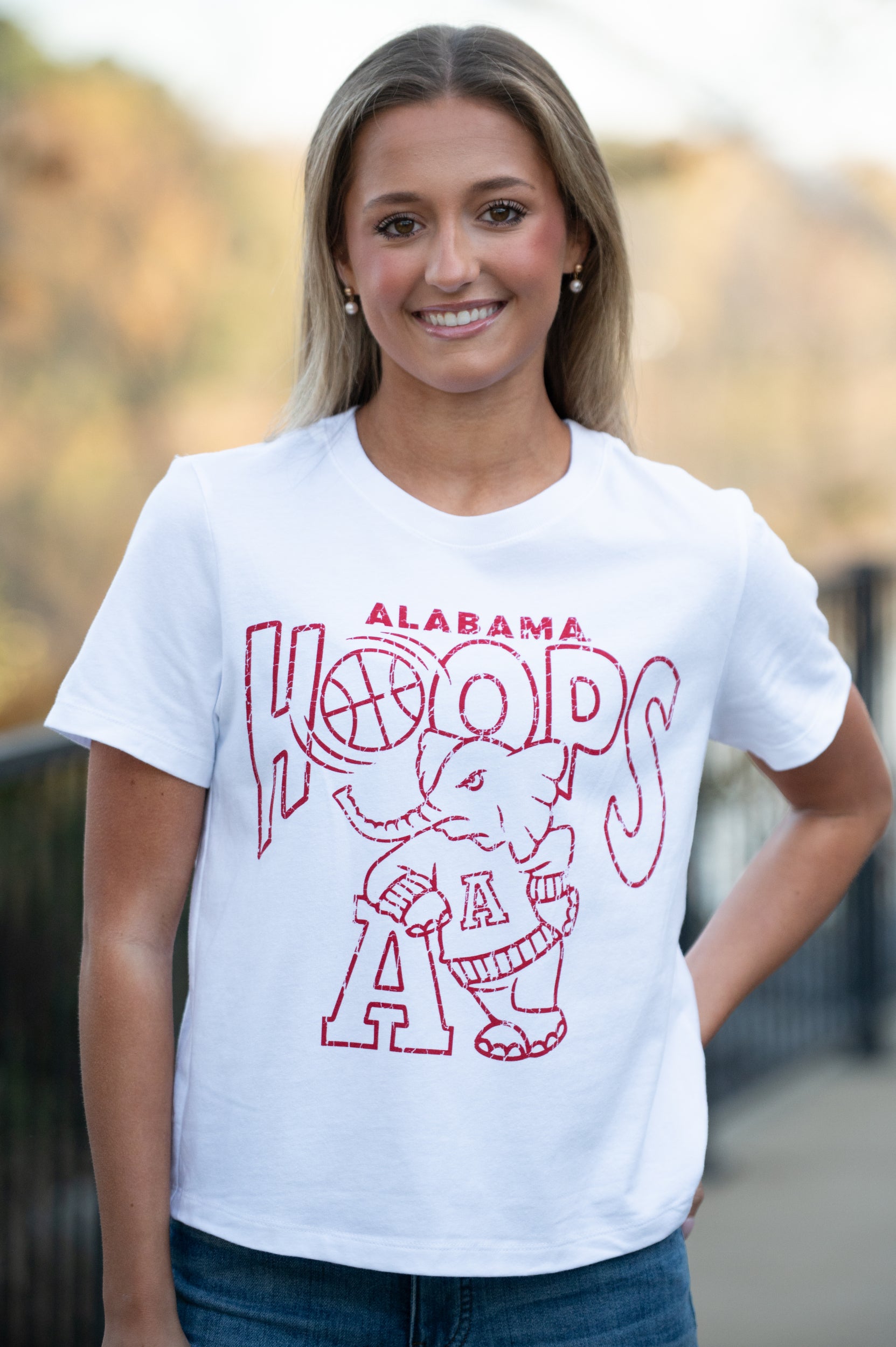 University of Alabama White Ladies Tee with The word “Hoops” above the Old School Al Logo