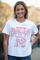 University of Alabama White Ladies Tee with The word “Hoops” above the Old School Al Logo