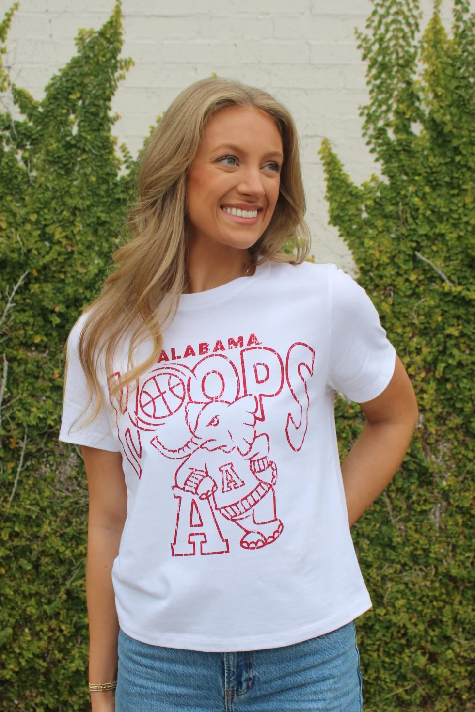 University of Alabama White Ladies Tee with The word “Hoops” above the Old School Al Logo
