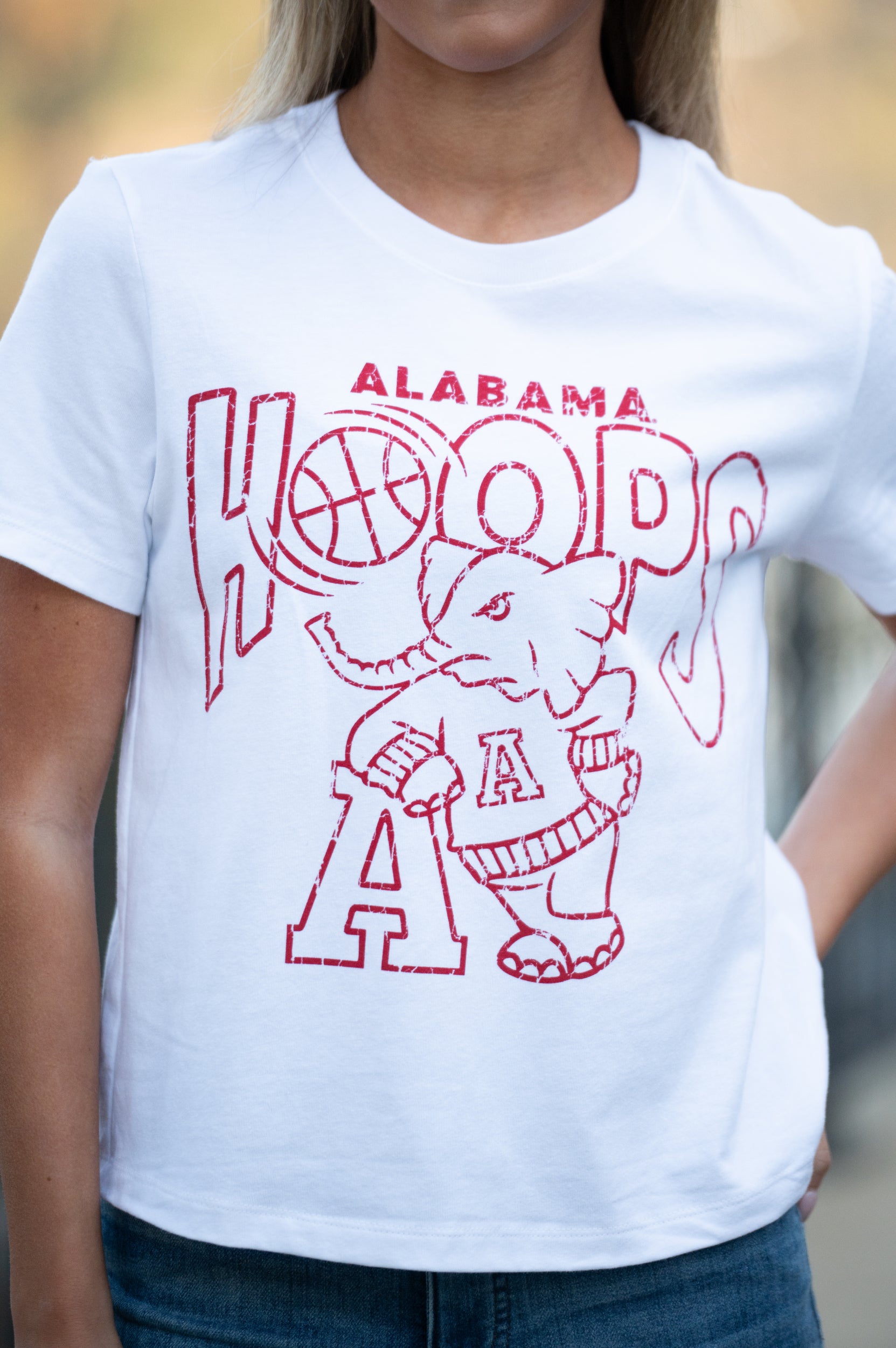 University of Alabama White Ladies Tee with The word “Hoops” above the Old School Al Logo