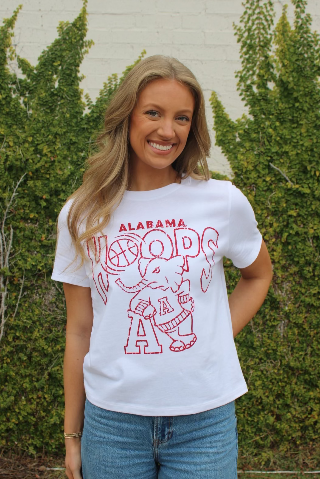 University of Alabama White Ladies Tee with The word “Hoops” above the Old School Al Logo