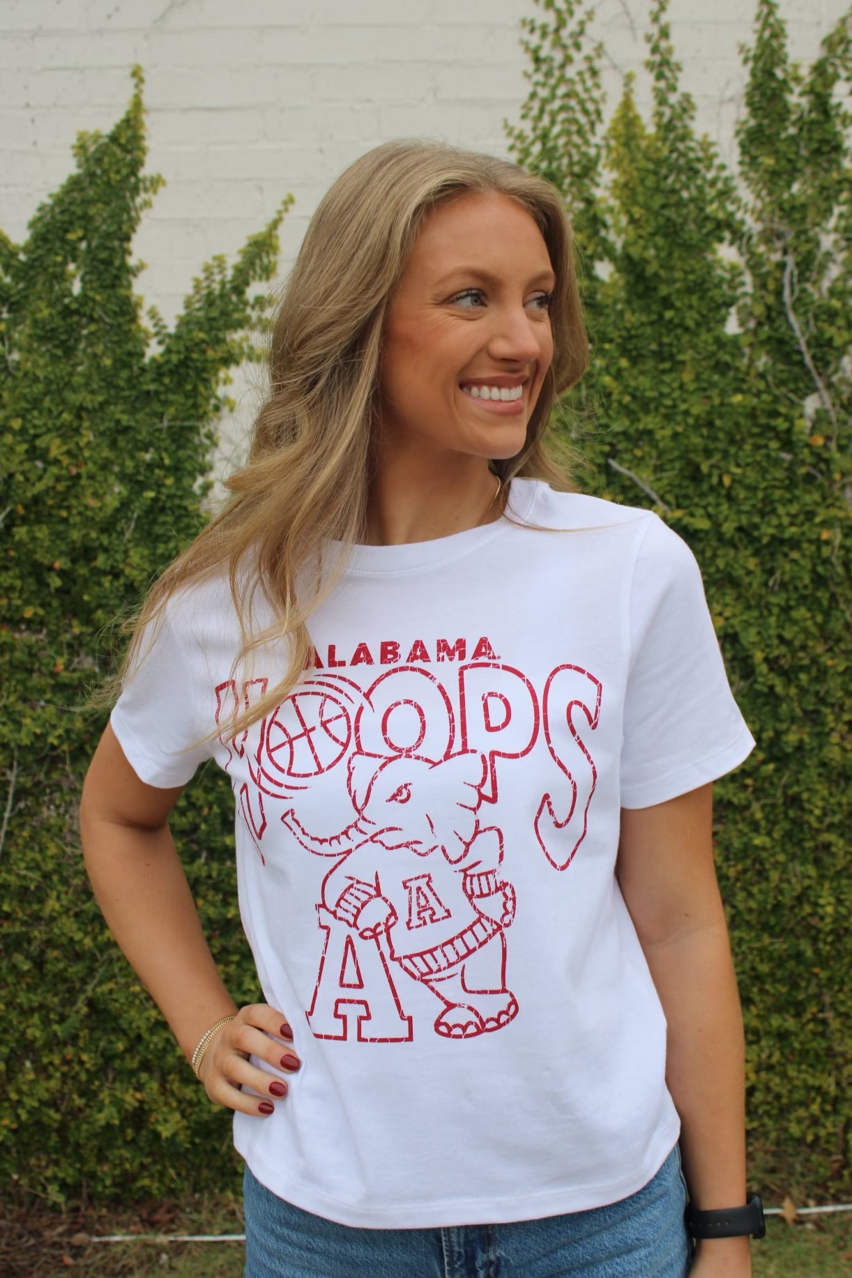 University of Alabama White Ladies Tee with The word “Hoops” above the Old School Al Logo