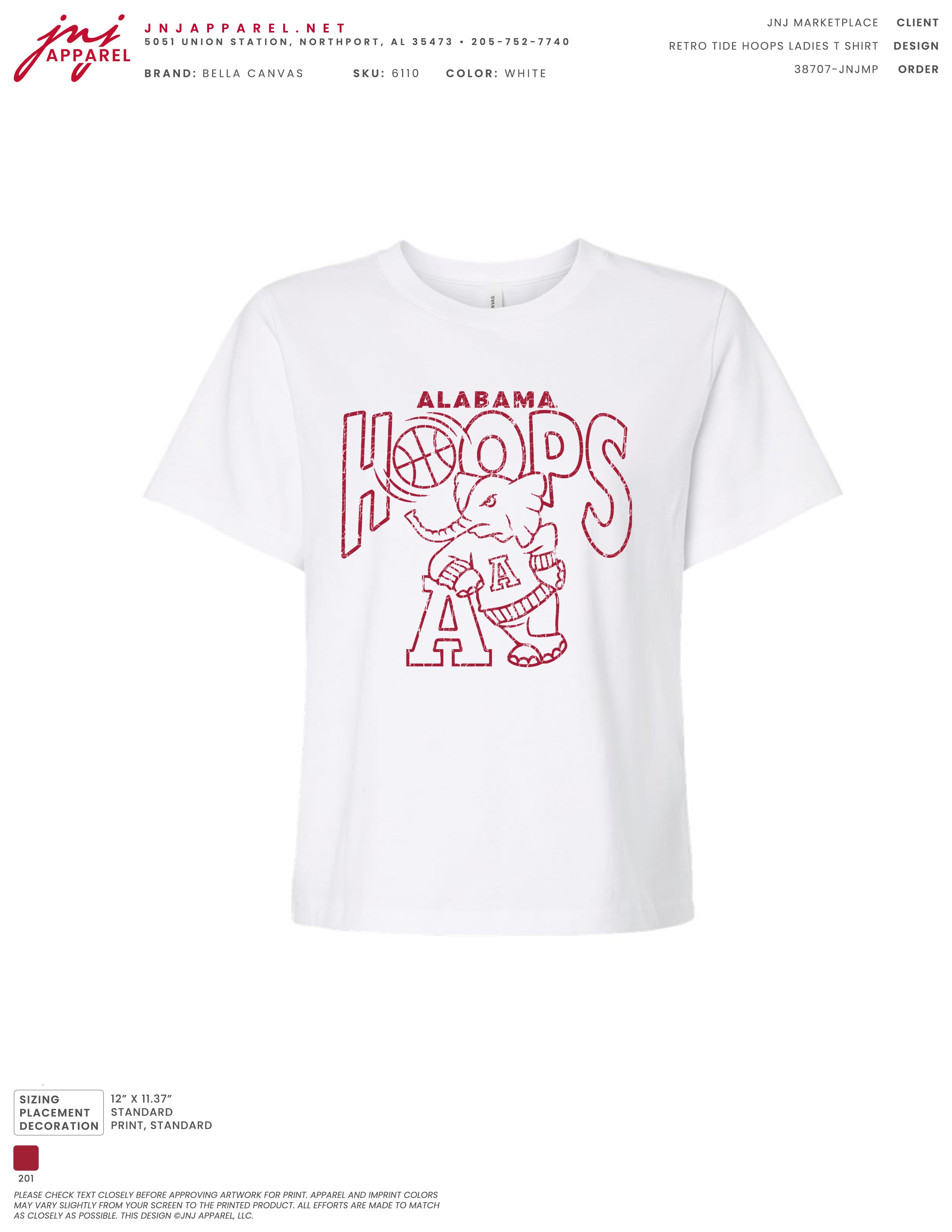 University of Alabama White Ladies Tee with The word “Hoops” above the Old School Al Logo