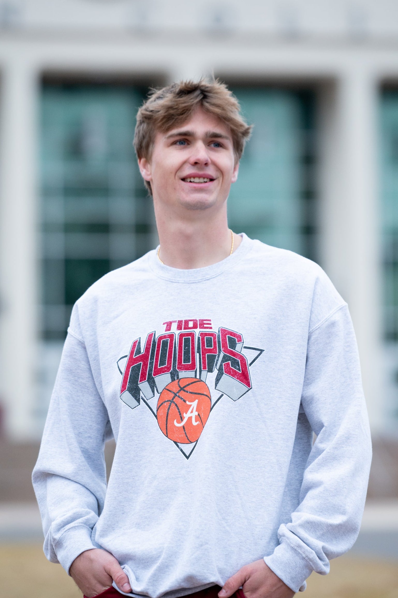 University of Alabama Light Grey Heather Sweatshirt with a Script A basketball underneath the words “Tide Hoops” 