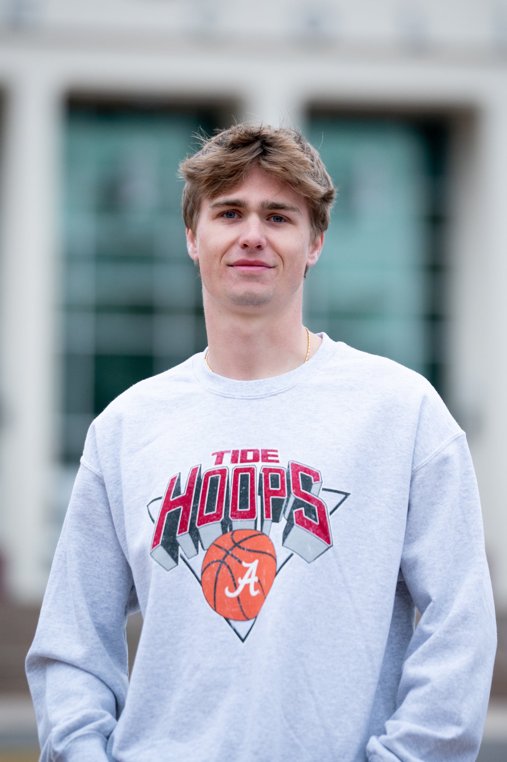 University of Alabama Light Grey Heather Sweatshirt with a Script A basketball underneath the words “Tide Hoops” 