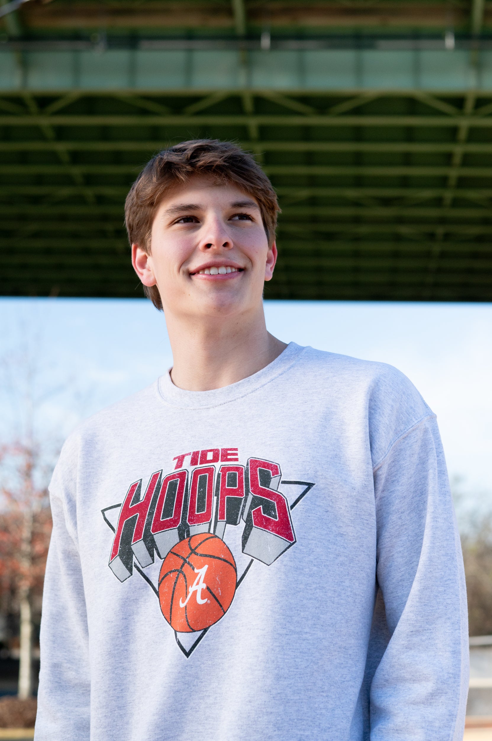 University of Alabama Light Grey Heather Sweatshirt with a Script A basketball underneath the words “Tide Hoops” 