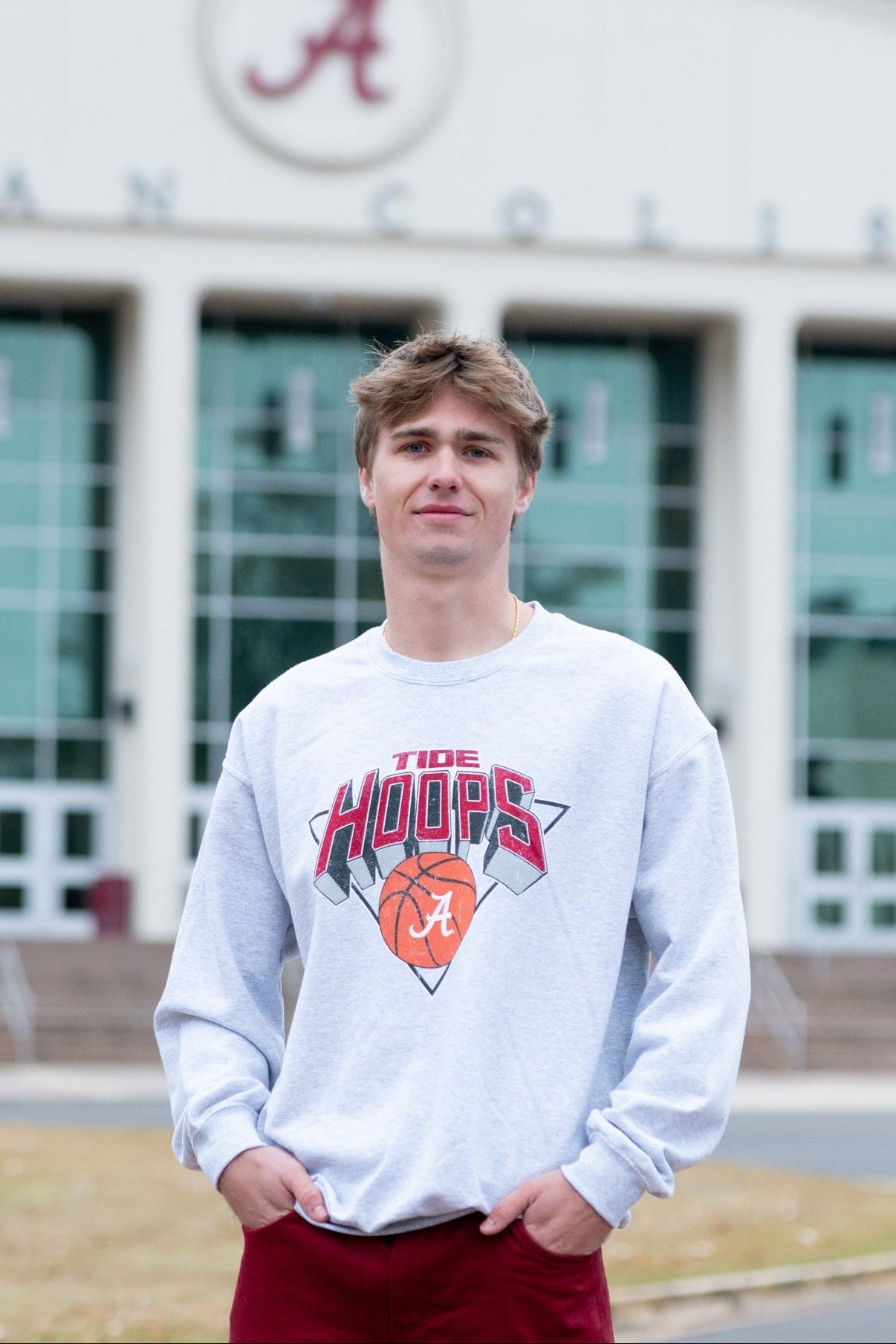 University of Alabama Light Grey Heather Sweatshirt with a Script A basketball underneath the words “Tide Hoops” 
