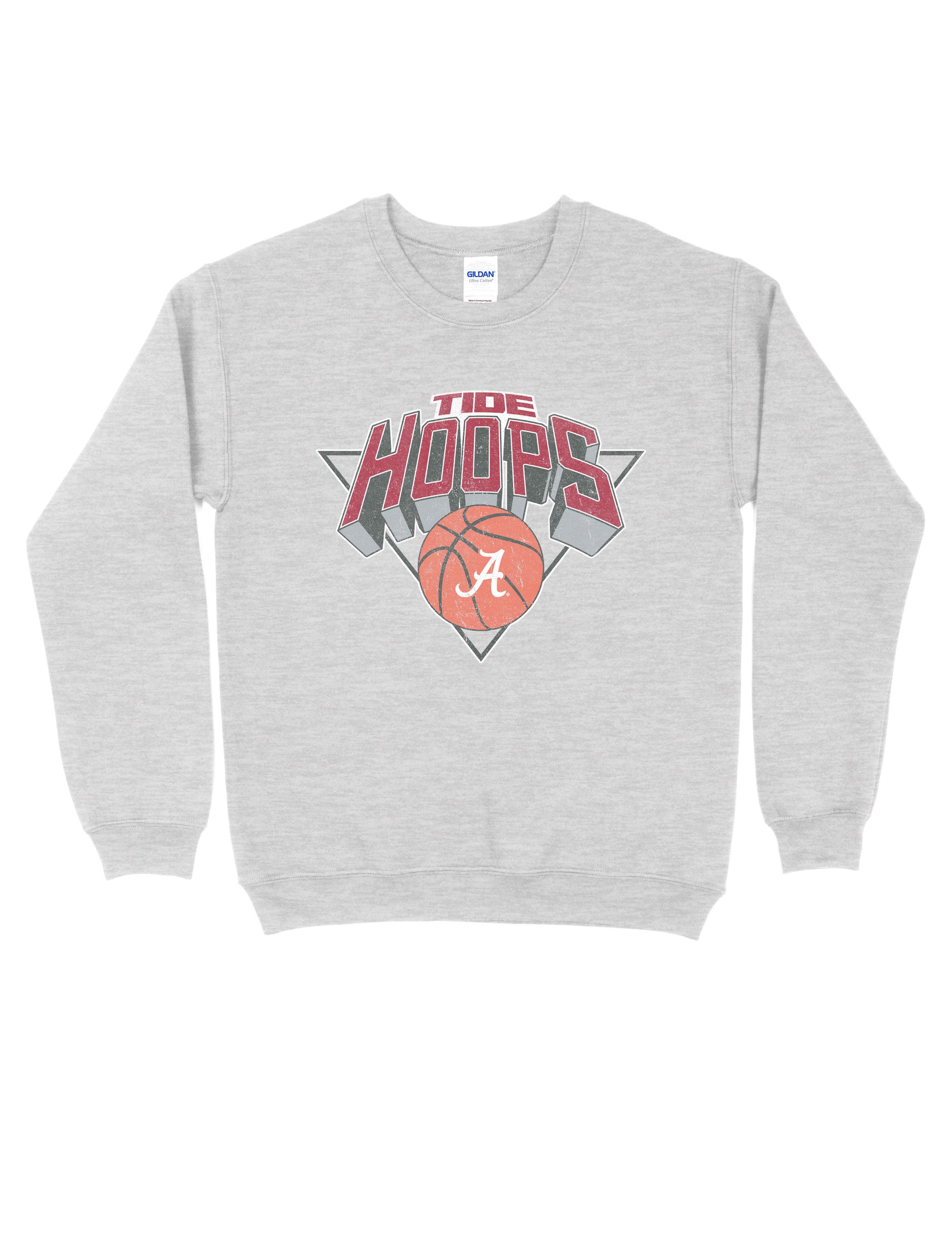 University of Alabama Light Grey Heather Sweatshirt with a Script A basketball underneath the words “Tide Hoops” 