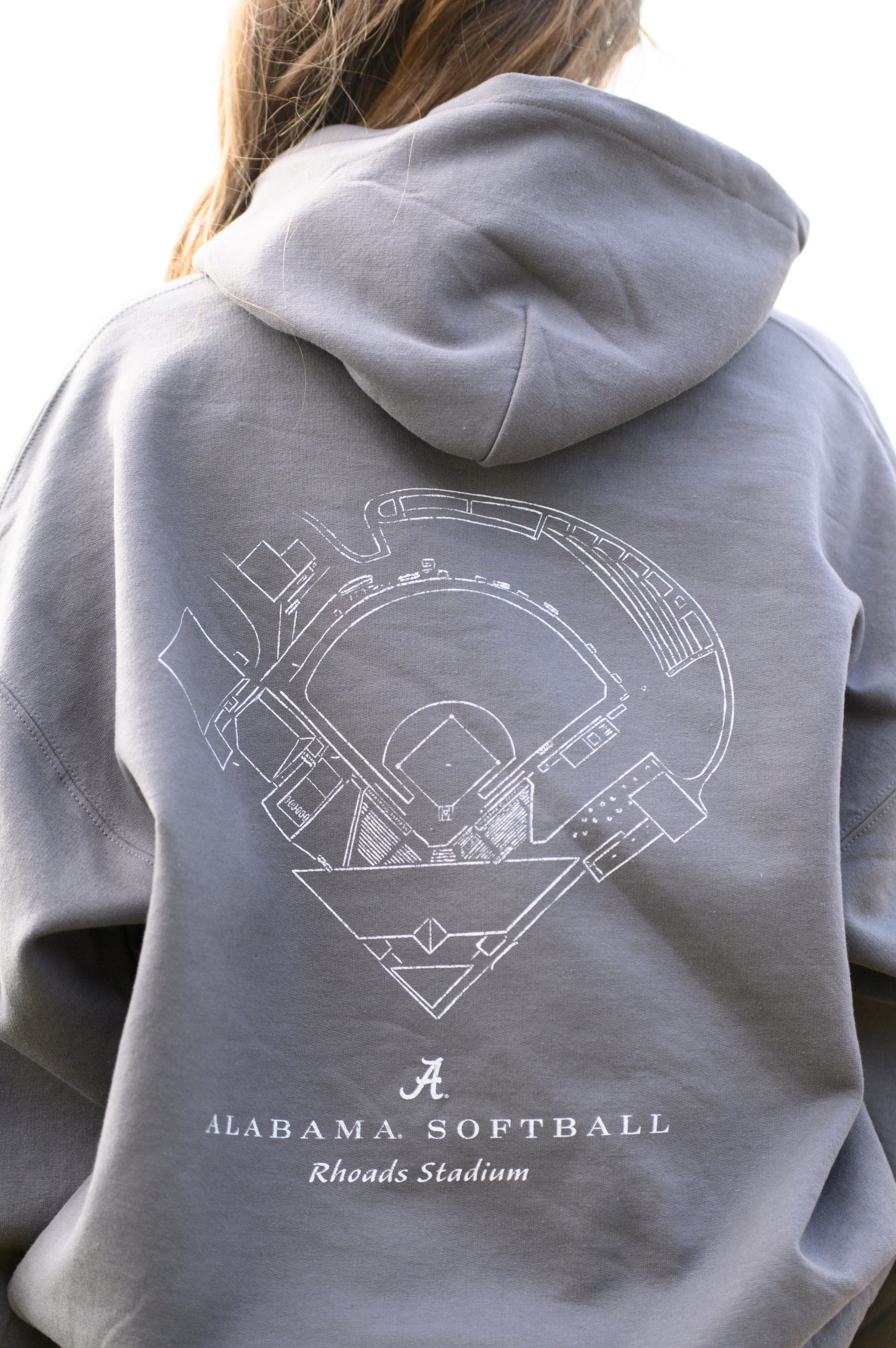 University of Alabama Dark Grey Distressed Hoodie with a White print of the Rhoads Stadium blueprint above text “Alabama Softball”