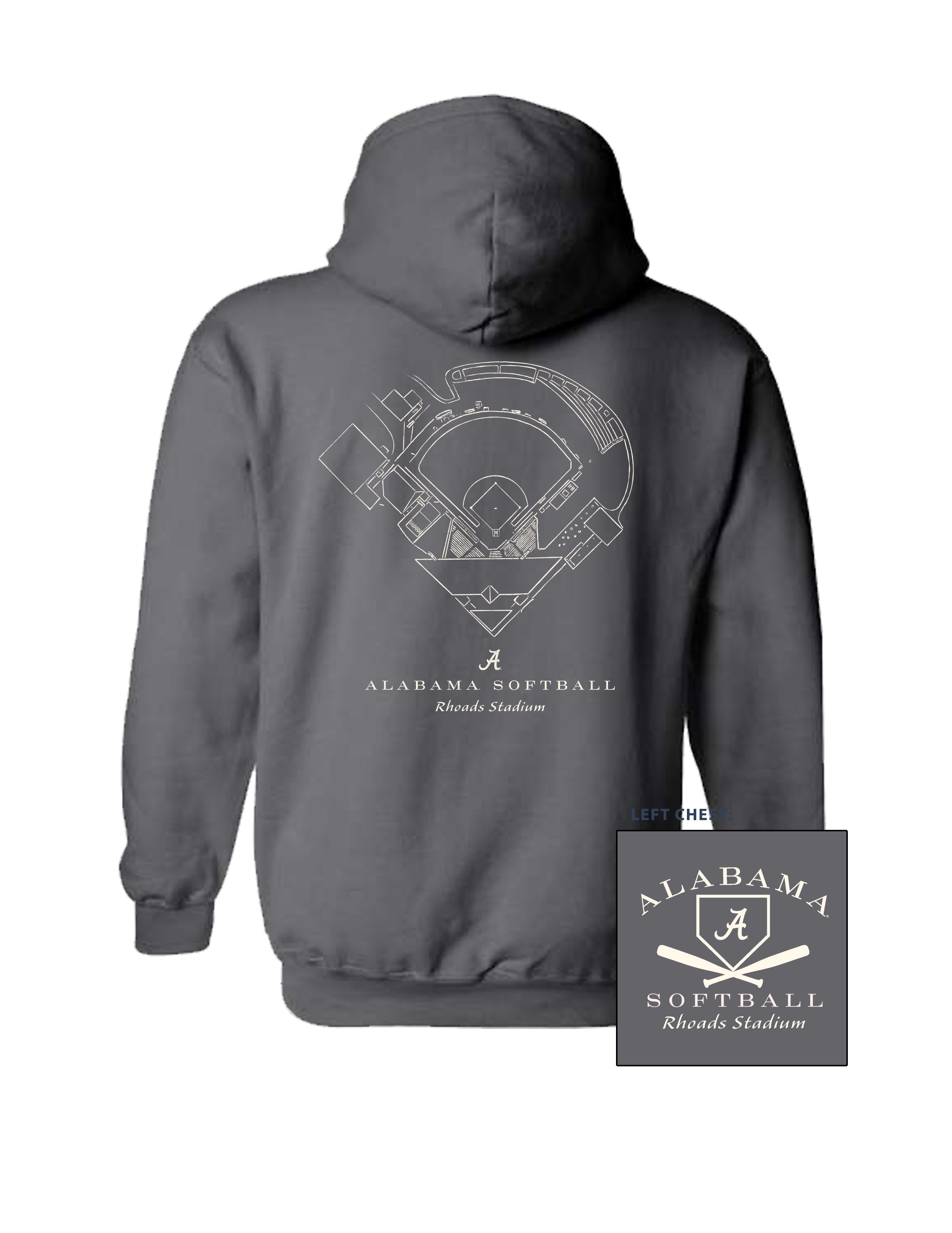 University of Alabama Dark Grey Distressed Hoodie with a White print of the Rhoads Stadium blueprint above text “Alabama Softball”