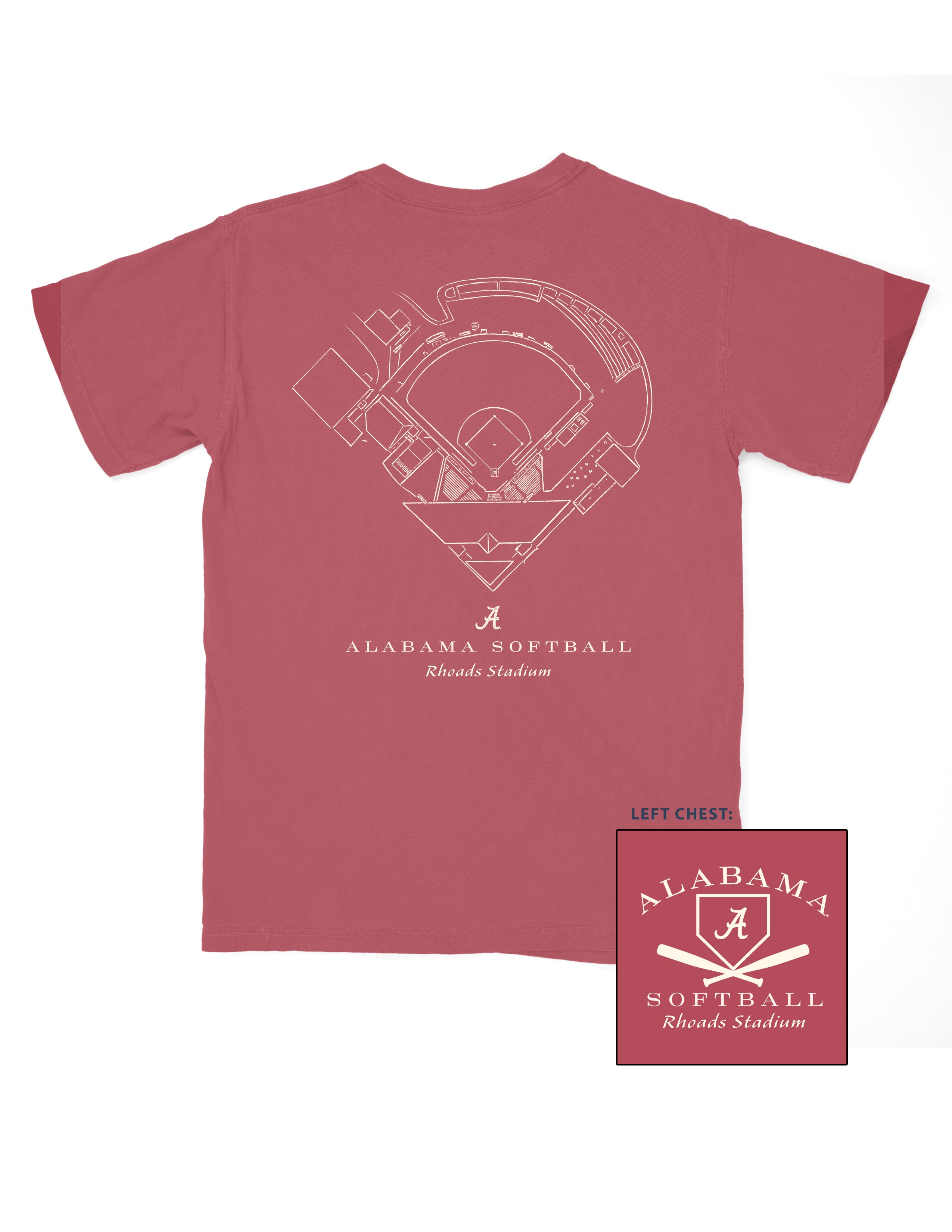 University of Alabama Red Distressed Tee with a White print of the Rhoads Stadium blueprint above text “Alabama Softball”