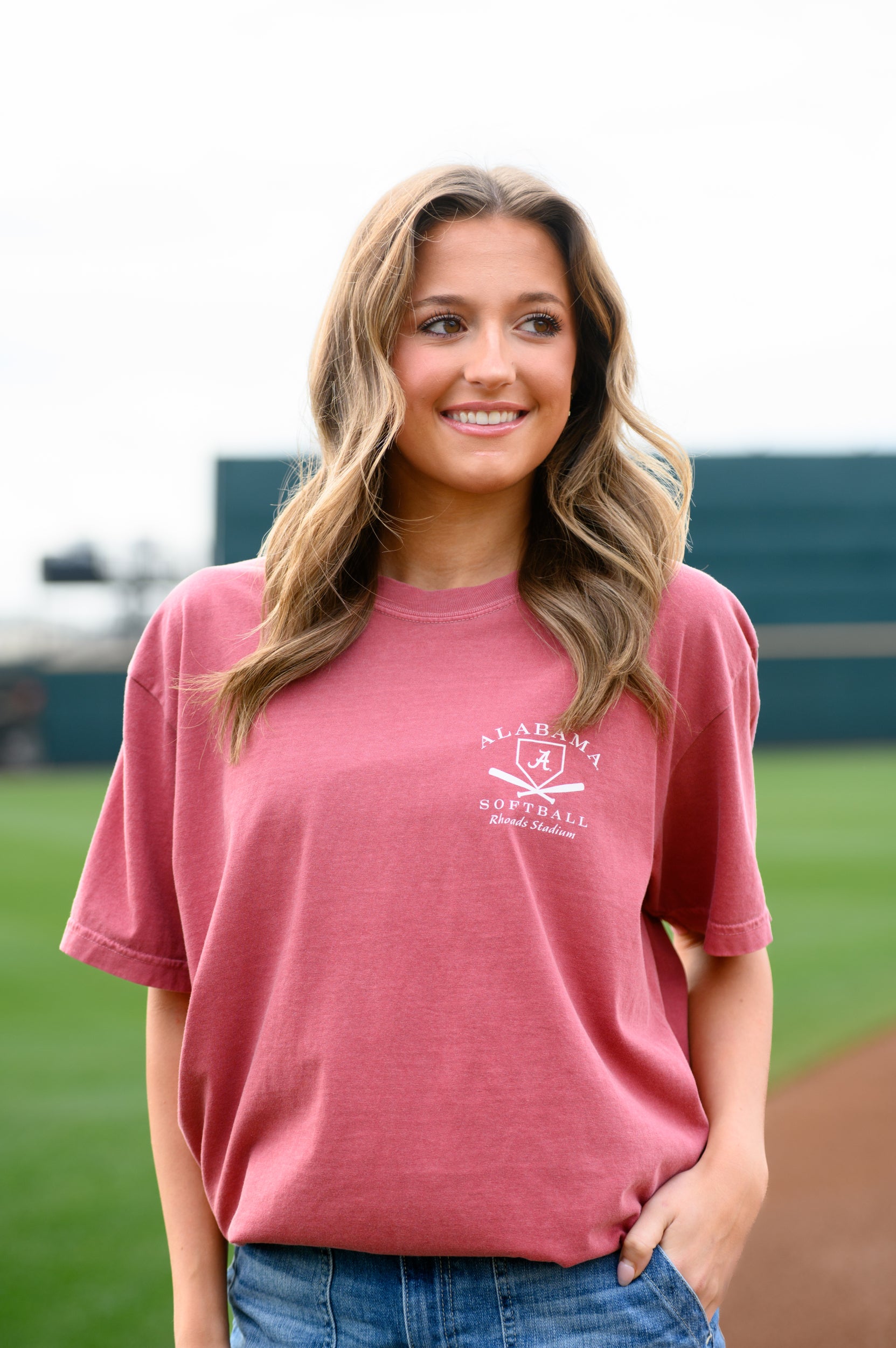 University of Alabama Red Distressed Tee Chest Design with a white print of home plate over two crossed baseball bats