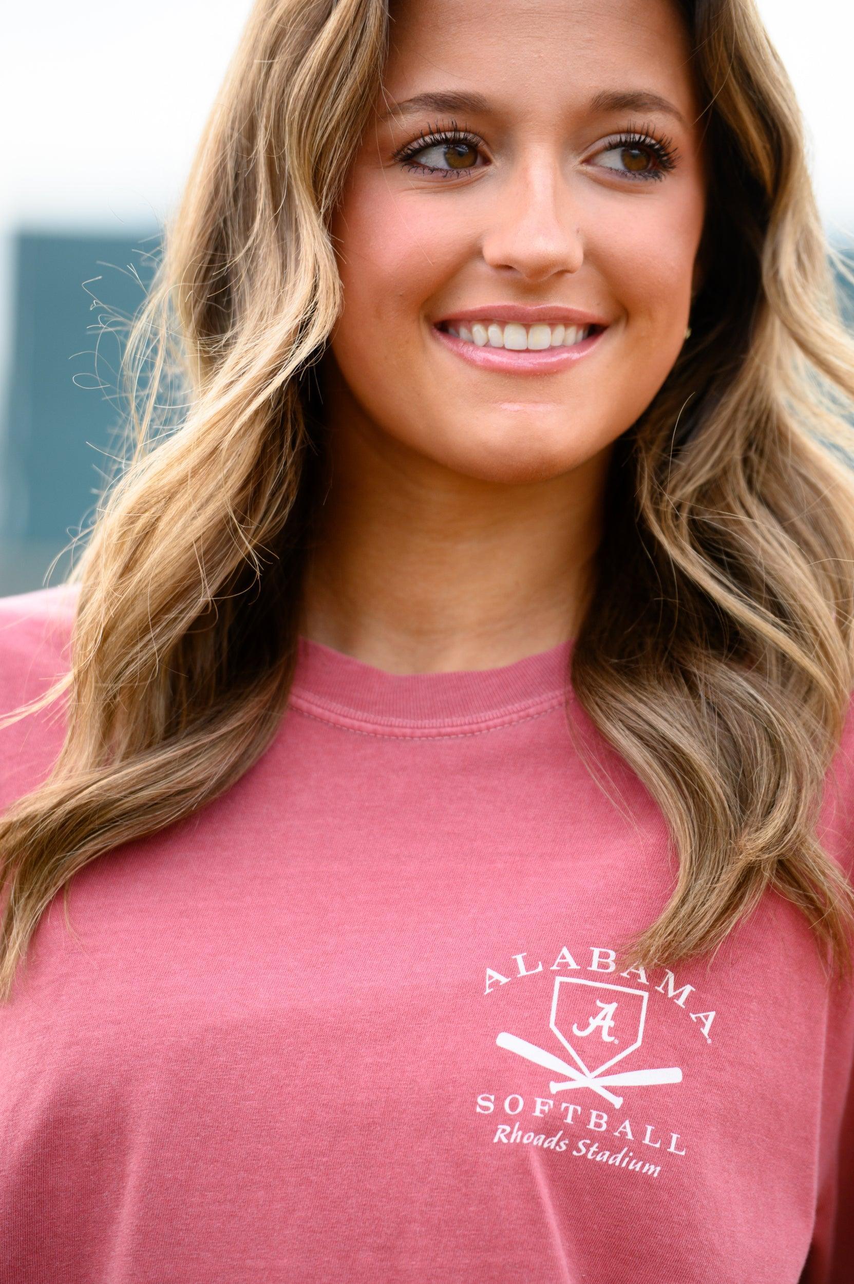 University of Alabama Red Distressed Tee Chest Design with a white print of home plate over two crossed baseball bats