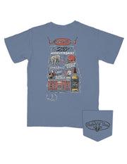 Rhythm and Brews Denim T-Shirt with an outline of Alabama state that’s filled with illustrations of Bama Icons such as an elephant, the Rhythm and Brews building, Jack Daniels Whiskey, and a football helmet.