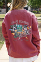 University Of Alabama Red Sweatshirt with a hand-drawn design featuring Alabama Basketball and the phrase 'Rising Tide Hoops'.