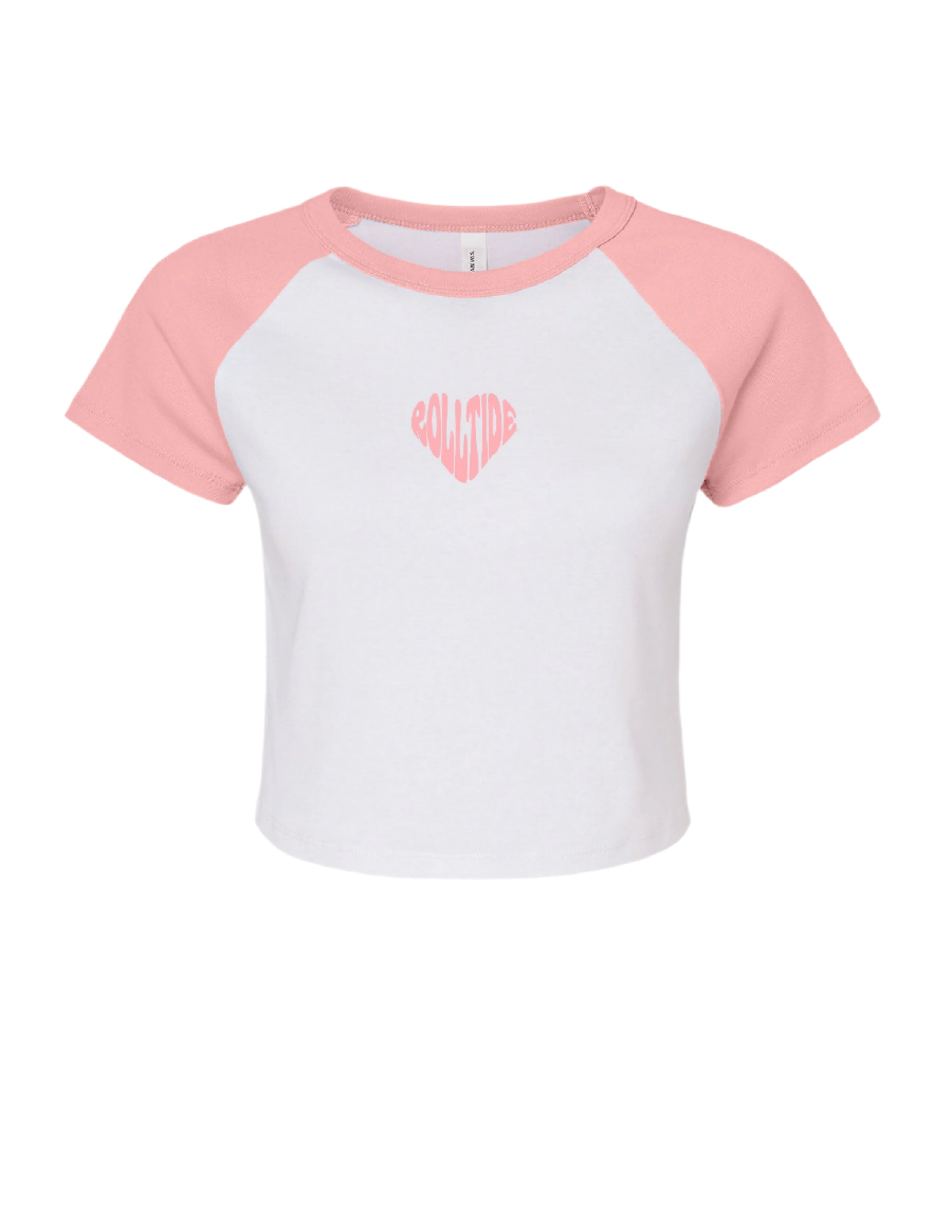 University of Alabama Pink and White Baby Tee with a Pink heart made of the text "Roll Tide"