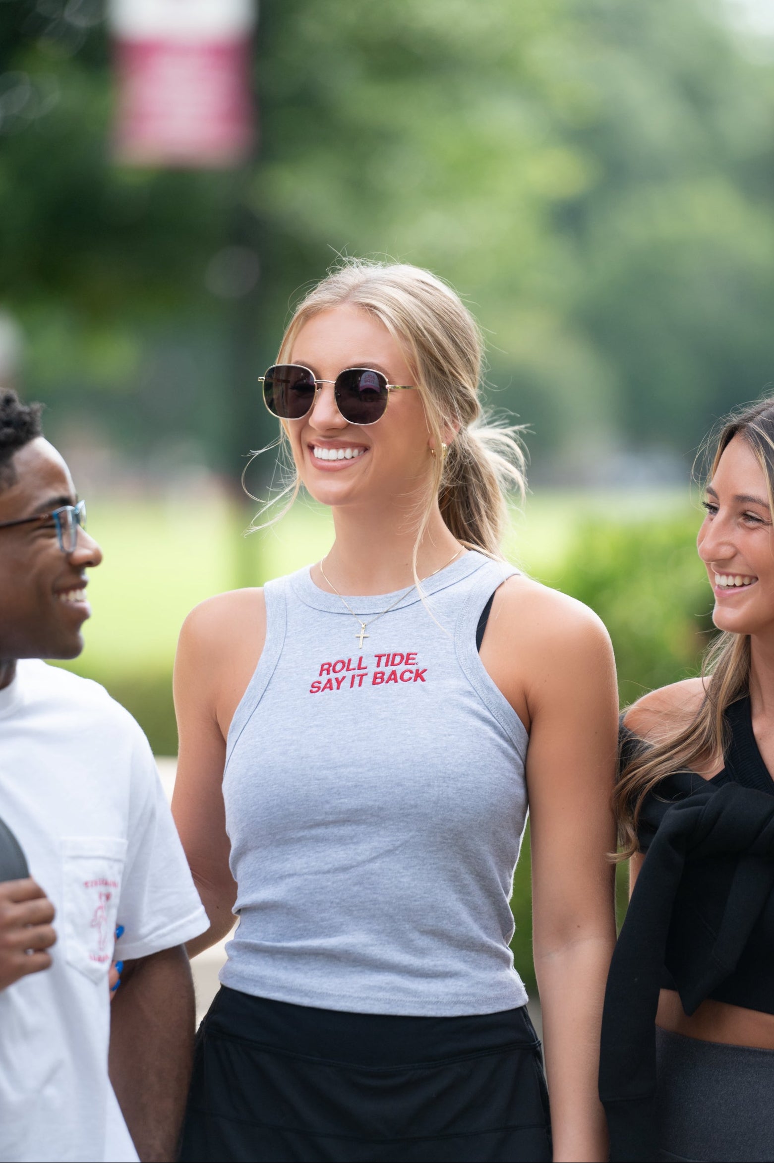 University of Alabama Grey Ladies' Tank Top with Red "Roll Tide Say It Back" embroidery