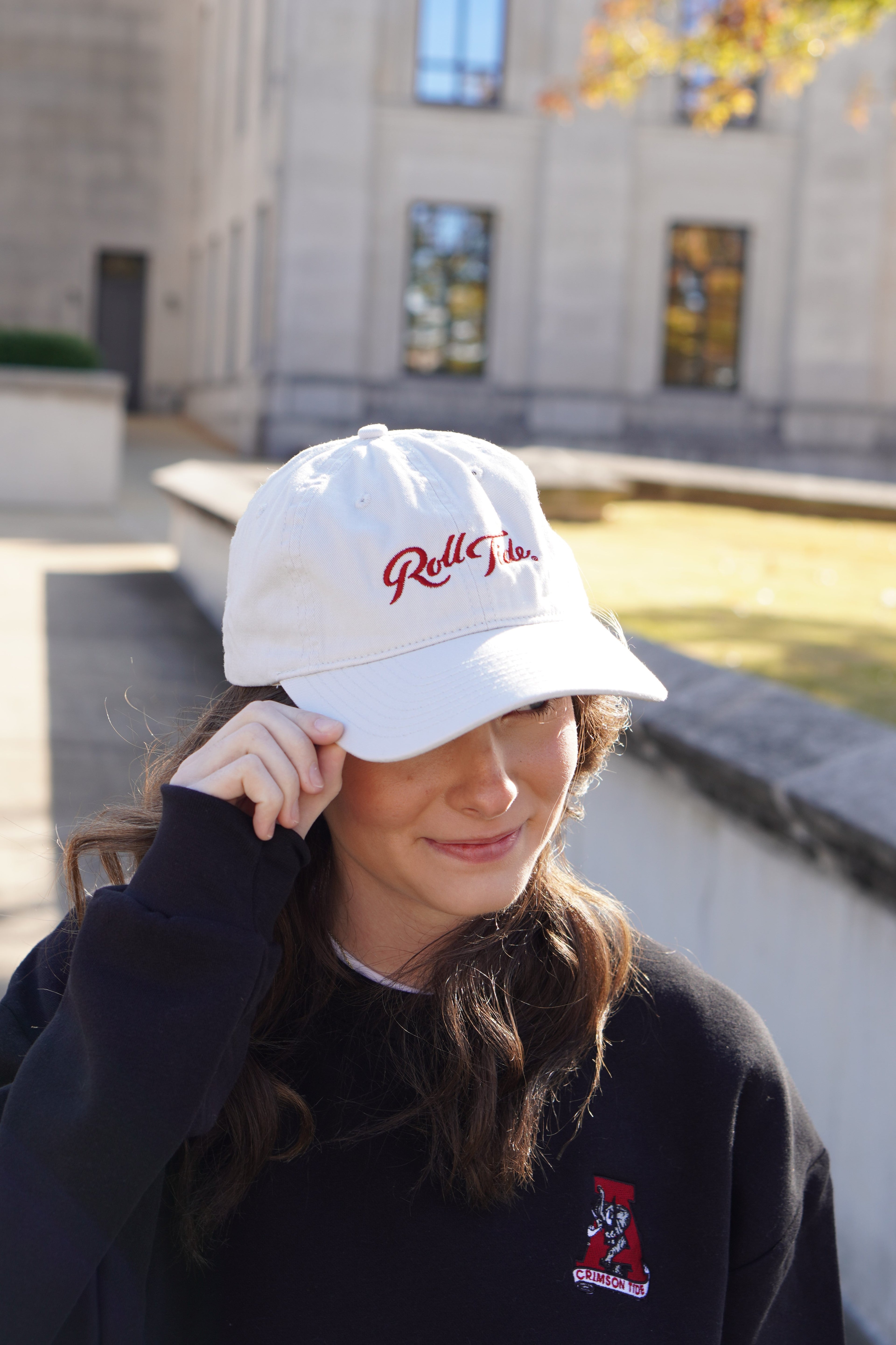 University of Alabama Light Grey Dad Hat with Red script "Roll Tide"