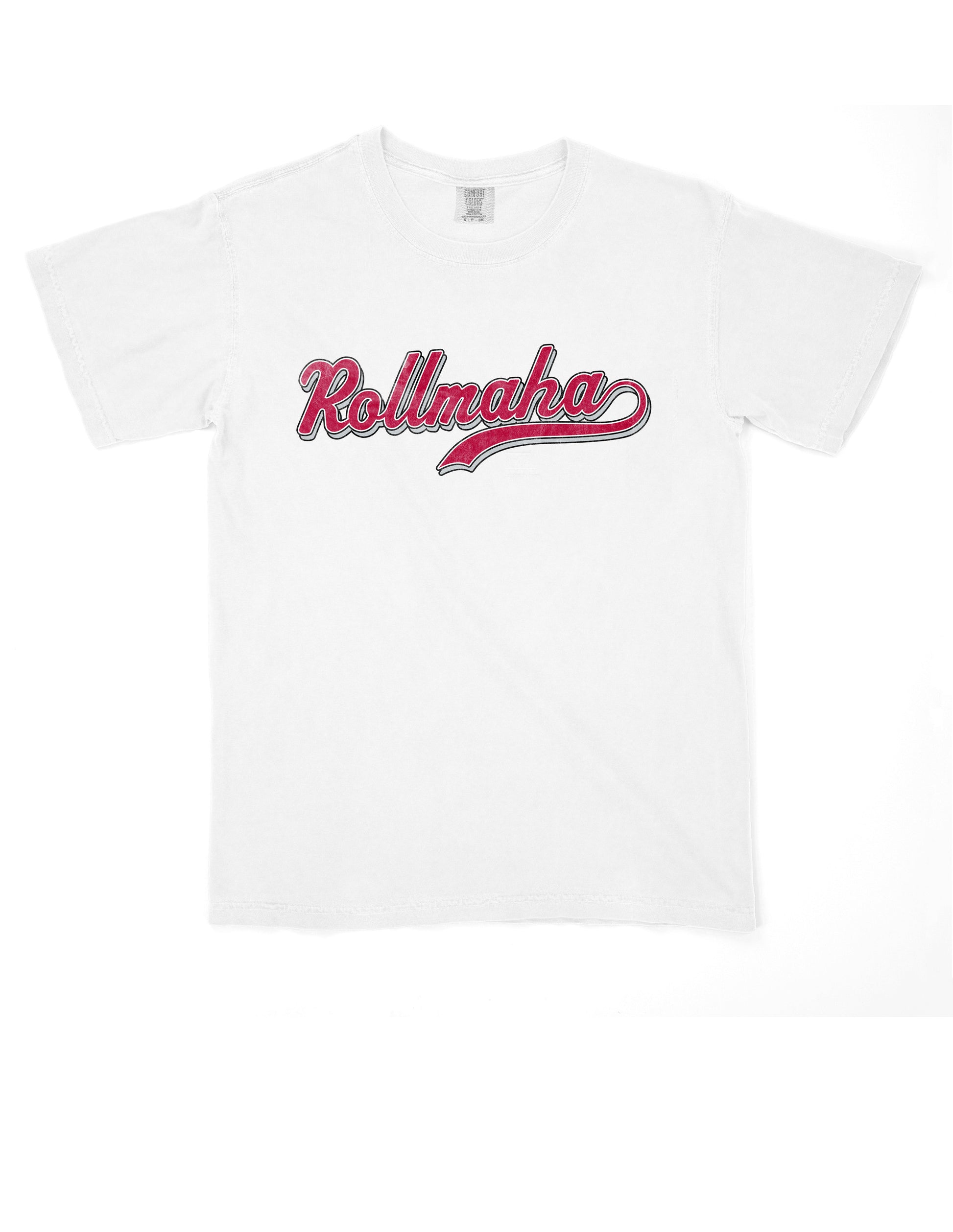 University of Alabama White T-Shirt with Red Script “Rollmaha” across the chest