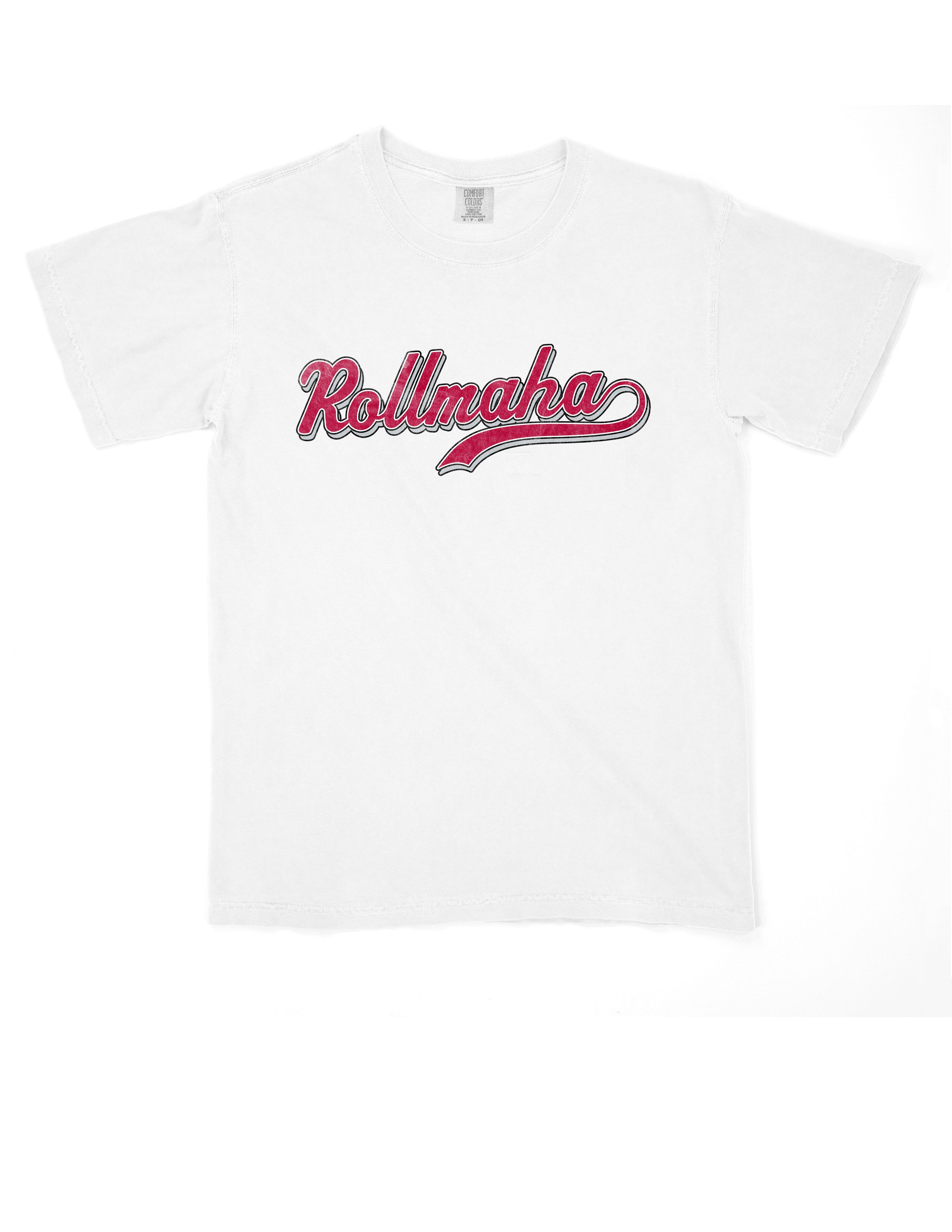 University of Alabama White T-Shirt with Red Script “Rollmaha” across the chest