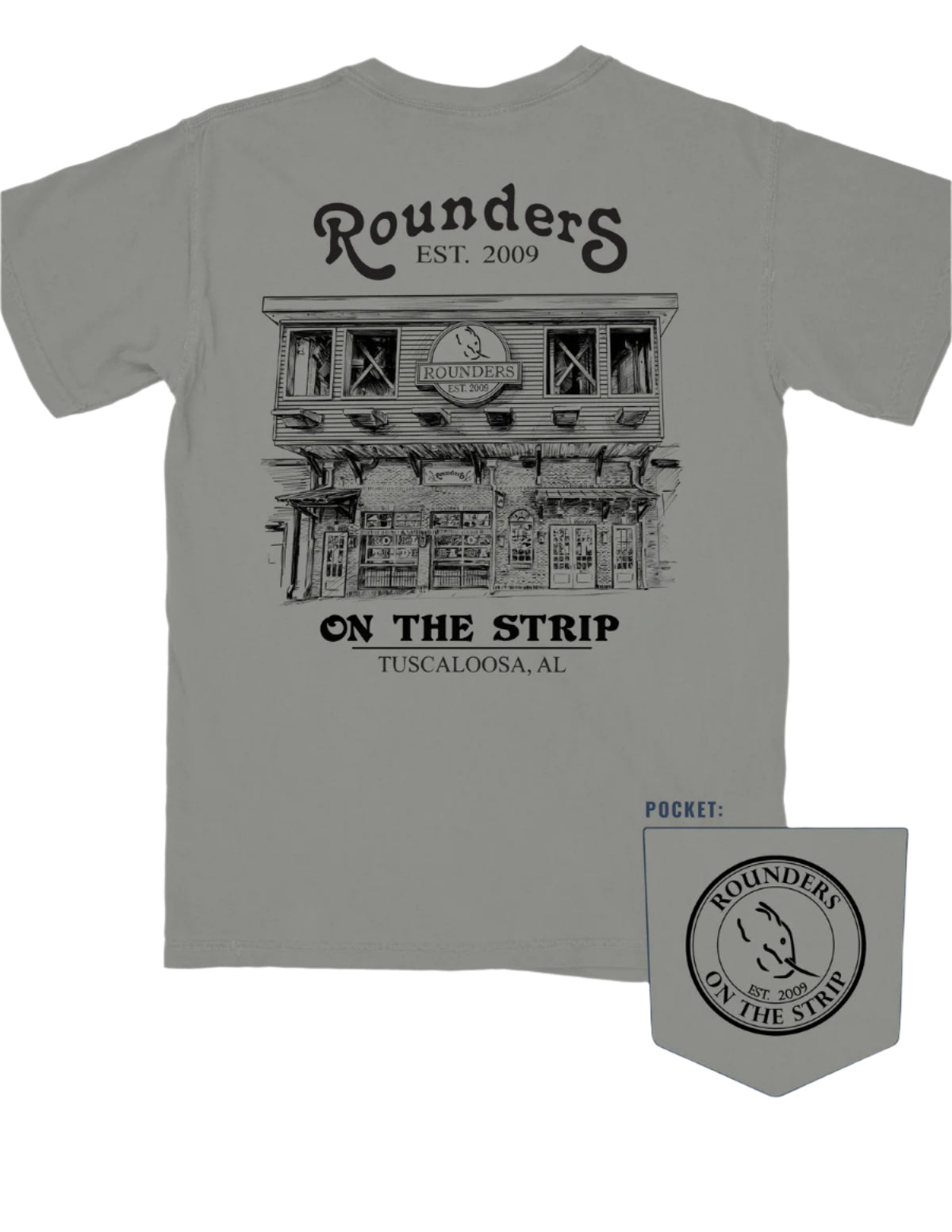 Rounders Grey Tee with a Black illustration of the Rounders Building