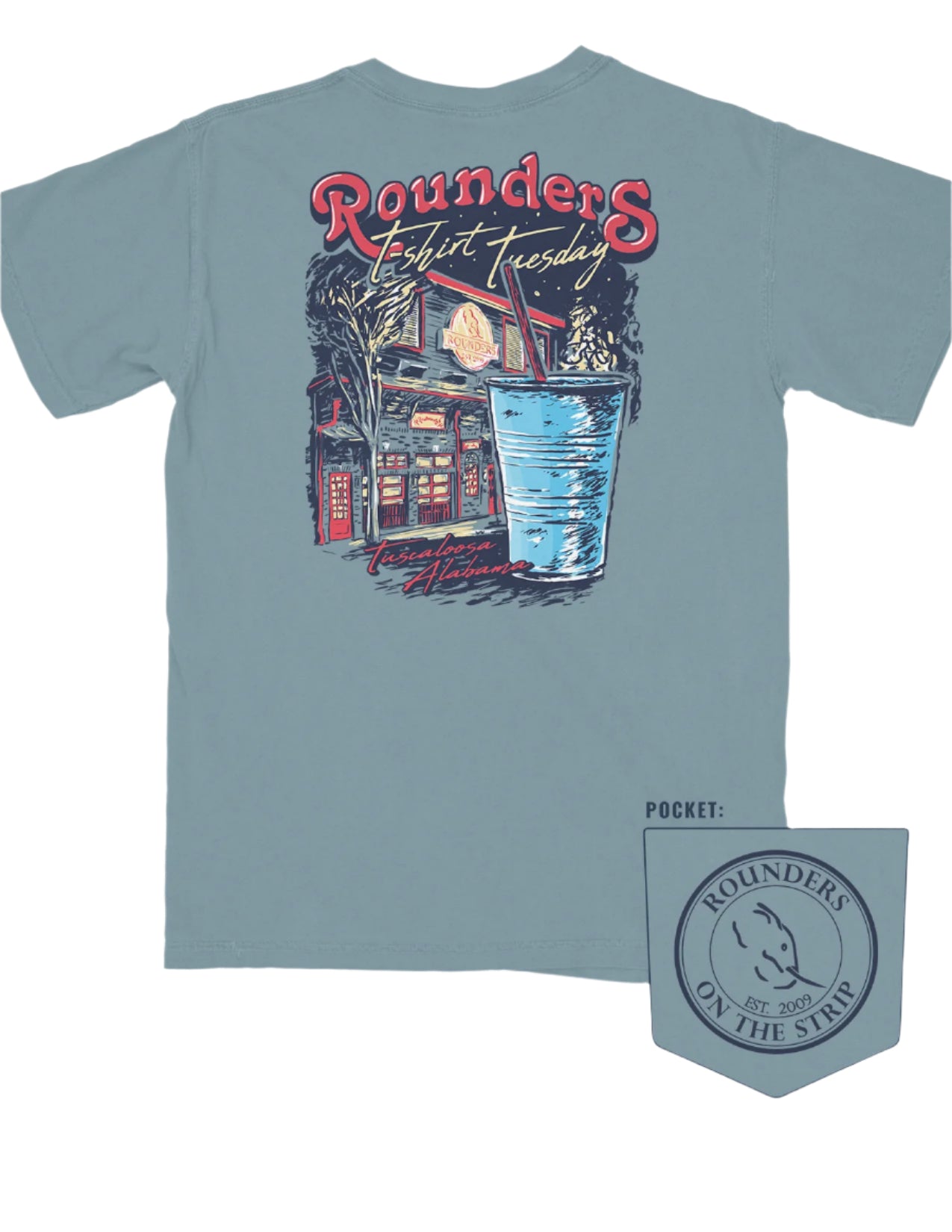 Rounders Blue T-Shirt with text "Rounders T-shirt Tuesday" above the Rounders Building and a Blue drink