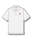 White polo shirt with a small logo on a white background