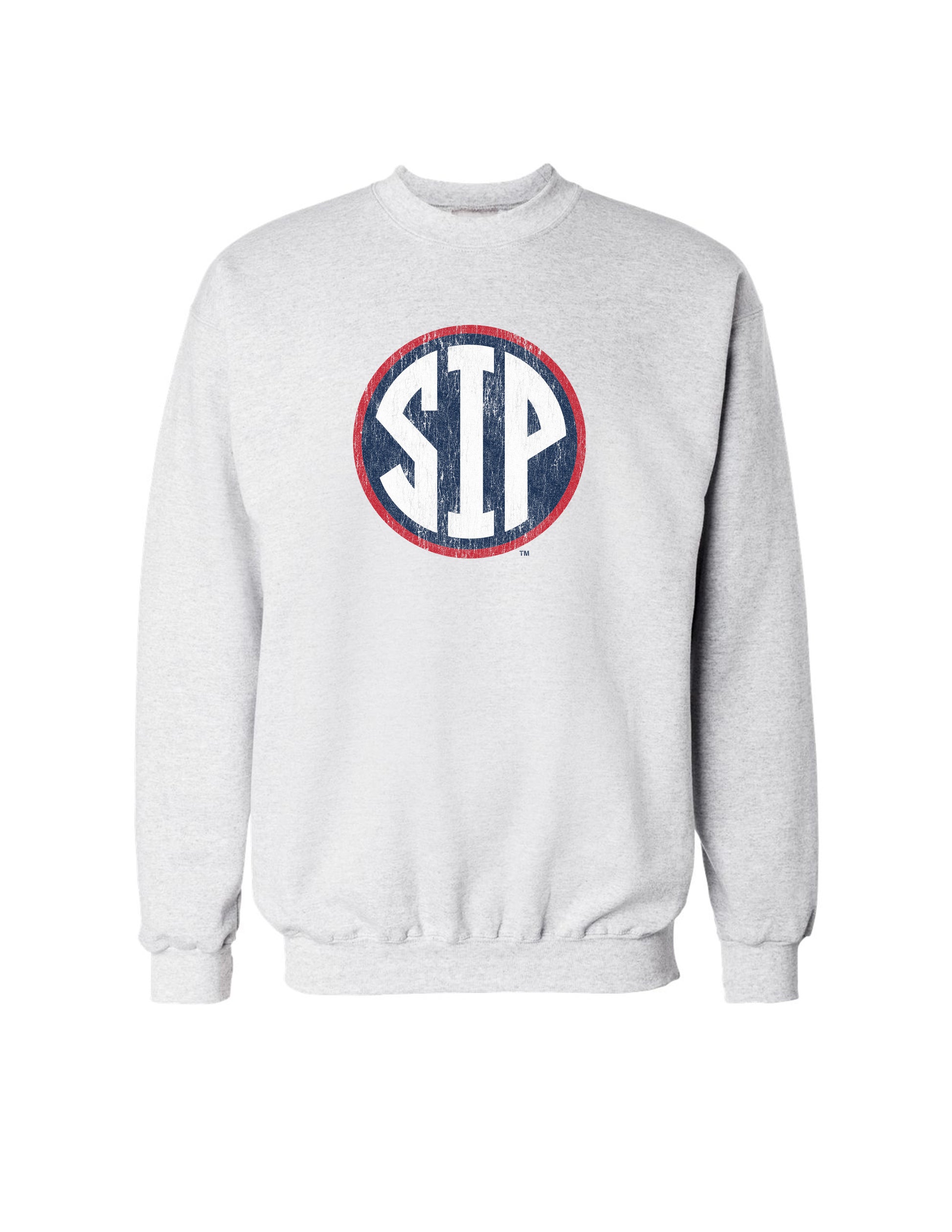 Ole Miss Light Grey Sweatshirt with a Distressed Red outlined Navy circle with White Text “SIP” inside