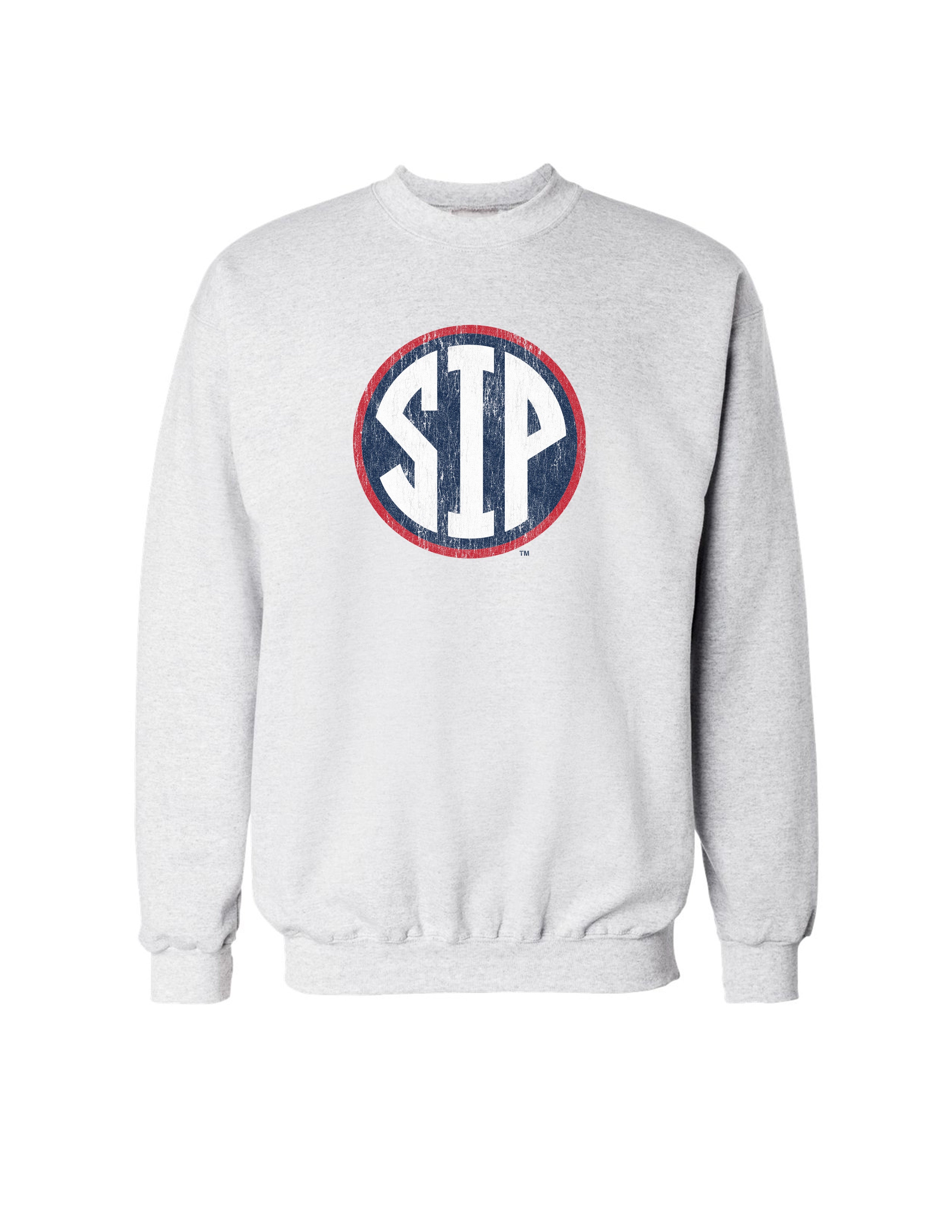 Ole Miss Light Grey Sweatshirt with a Distressed Red outlined Navy circle with White Text “SIP” inside
