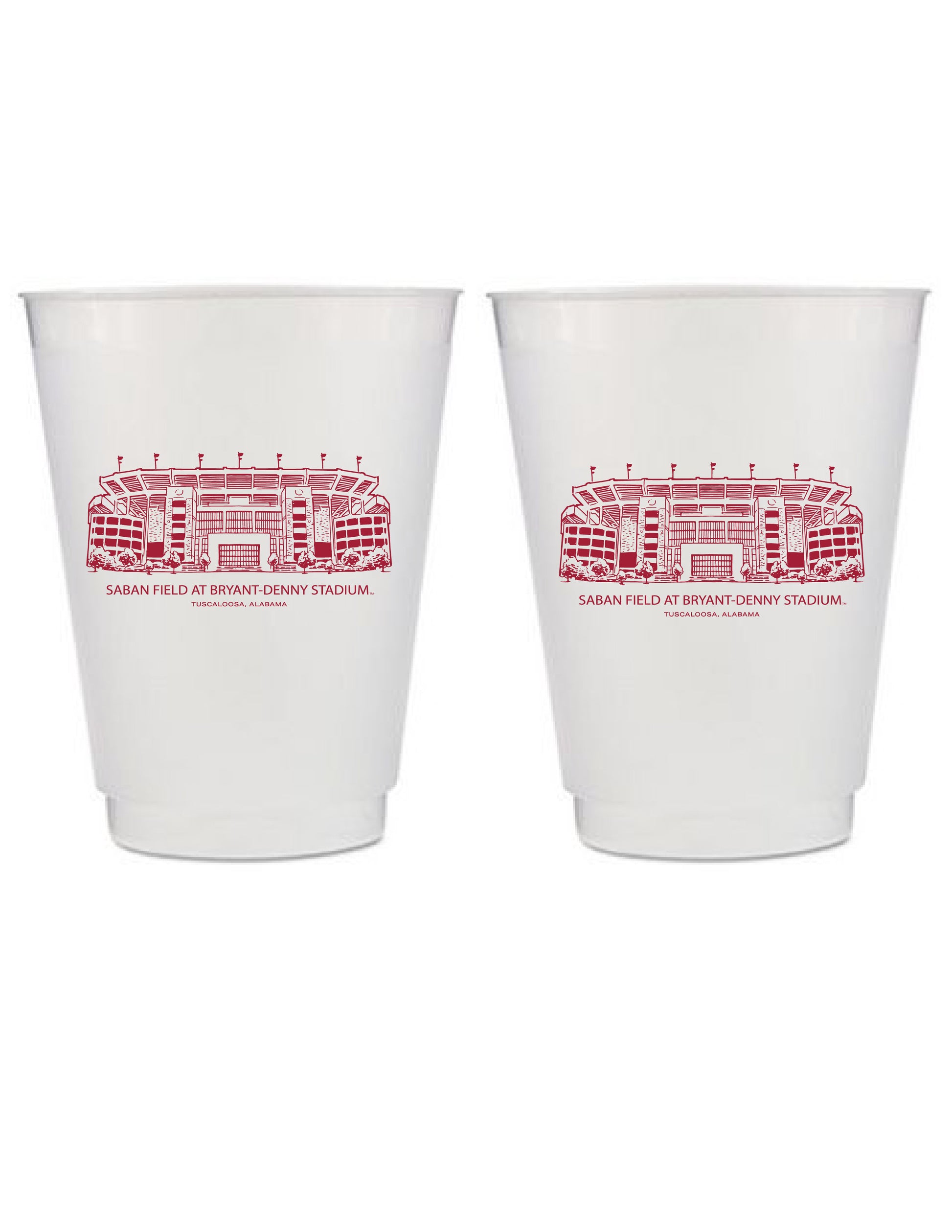 University of Alabama Frosted Cup with a Red illustration of Saban Field at Bryant-Denny Stadium