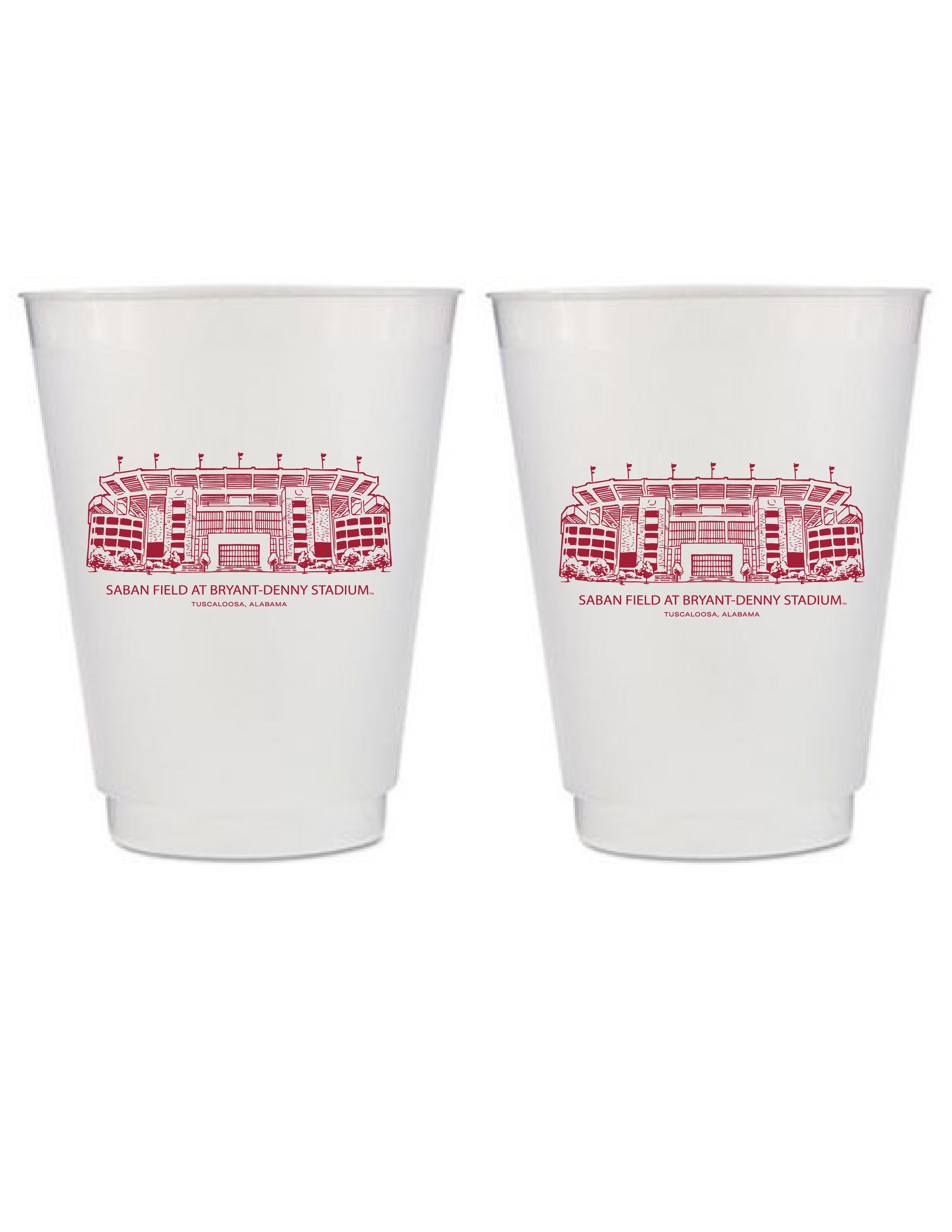 University of Alabama Frosted Cup with a Red illustration of Saban Field at Bryant-Denny Stadium