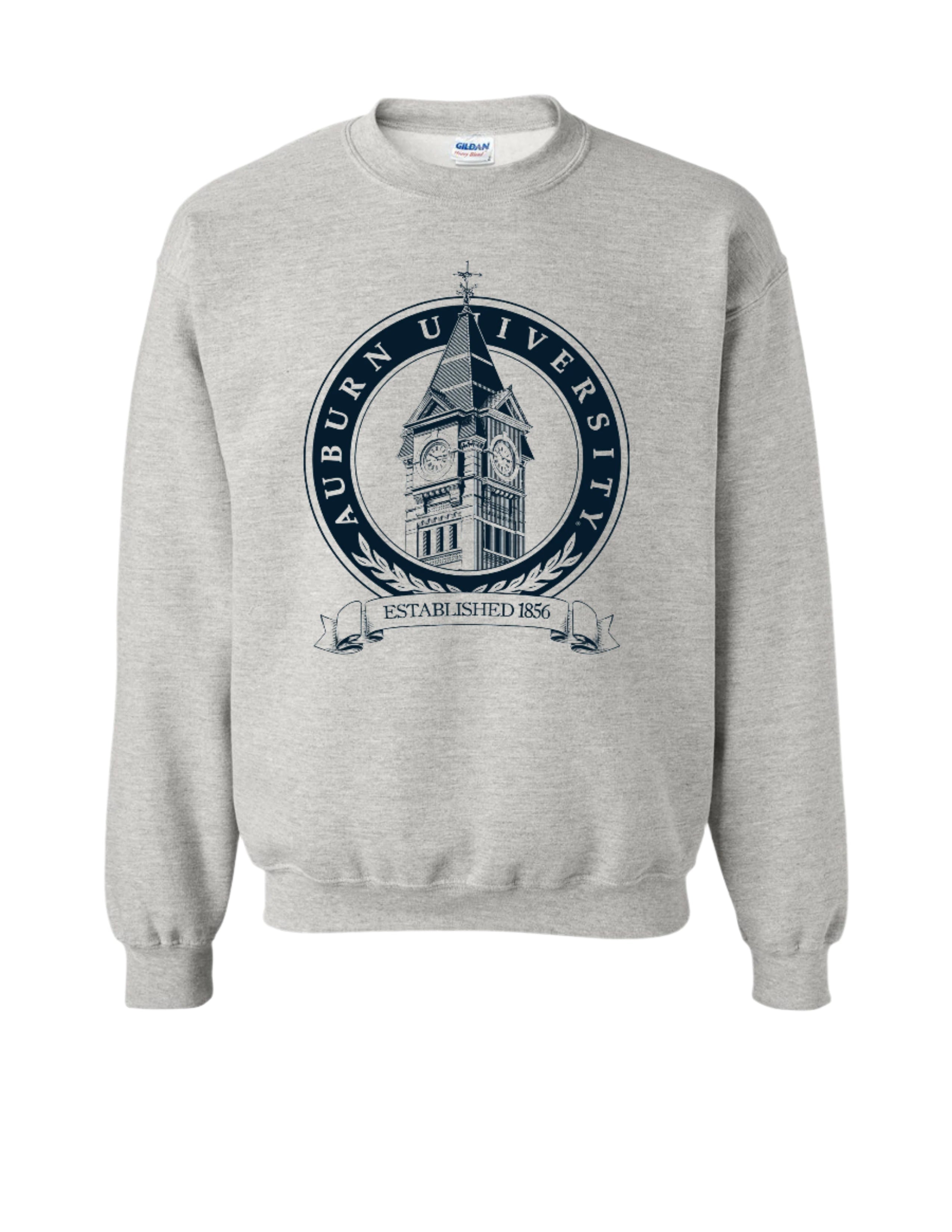 Auburn University Light Grey Crewneck with a navy design featuring the Samford Hall clock tower and the text 'Auburn University'.