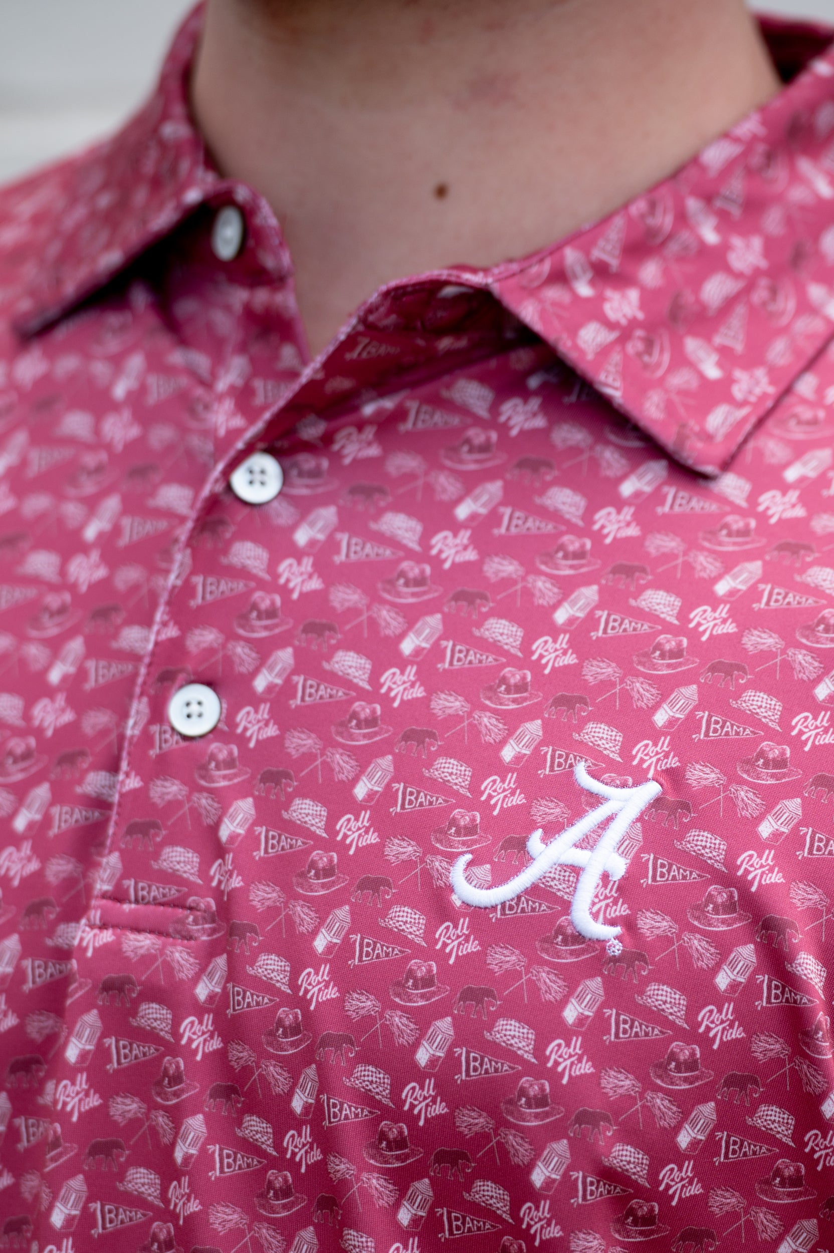 University of Alabama Red Men’s Patterned Polo with the Script A Logo embroidery
