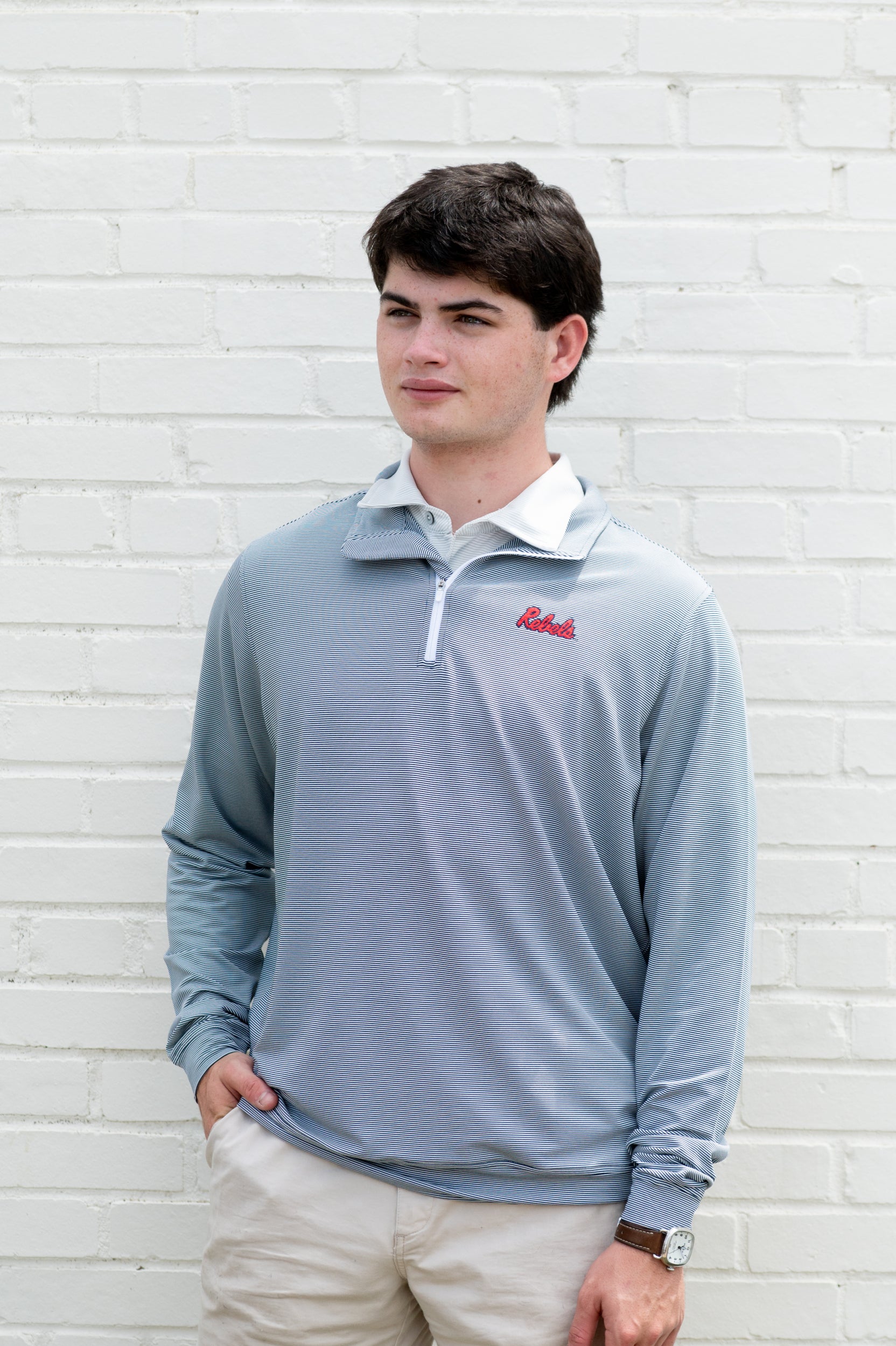 Ole Miss Navy Stripe ¼ Zip Pullover with the Script “Rebels” Logo embroidery