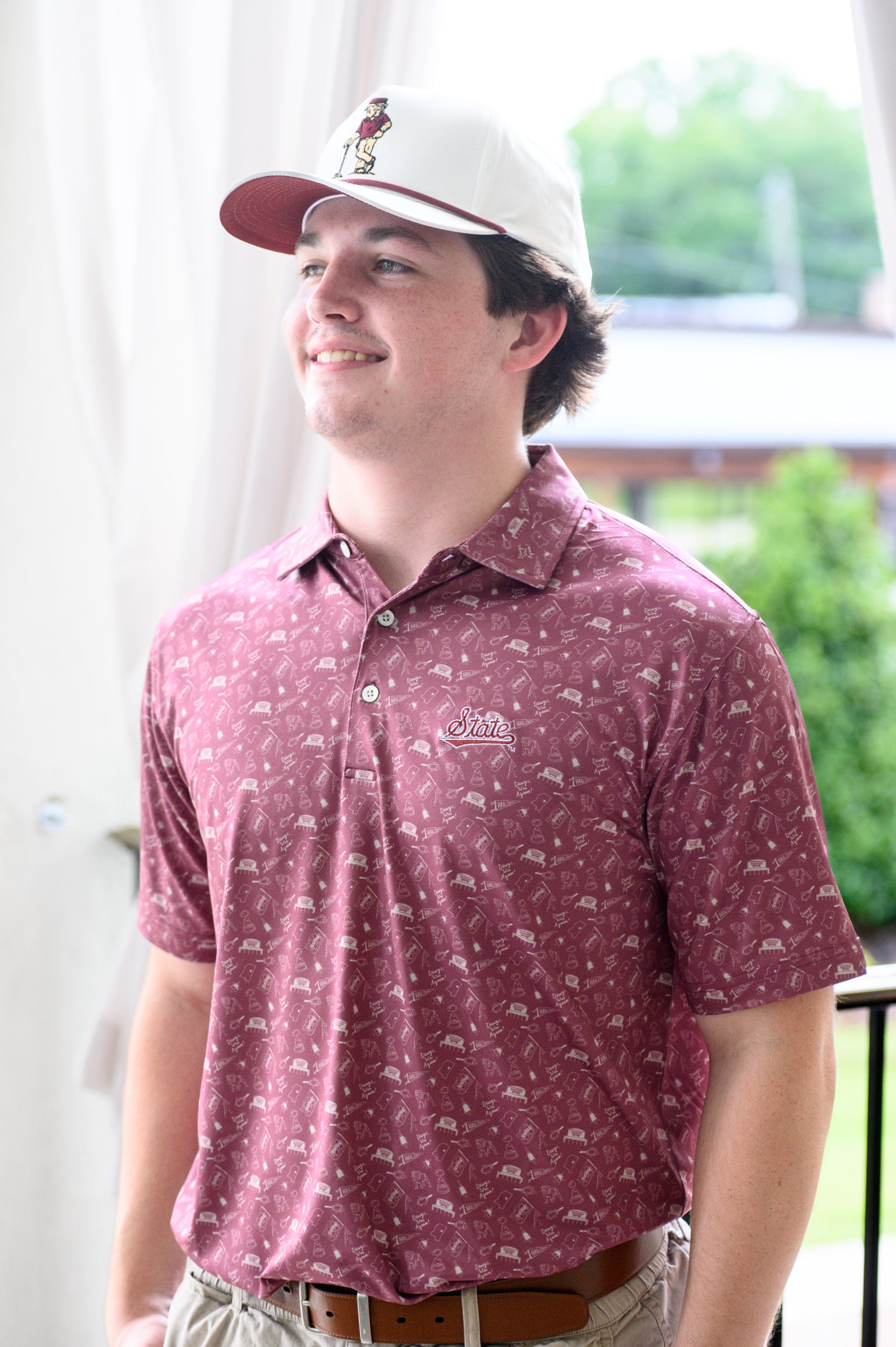 Mississippi State Maroon Men’s Patterned Polo with the Script State Logo embroidery