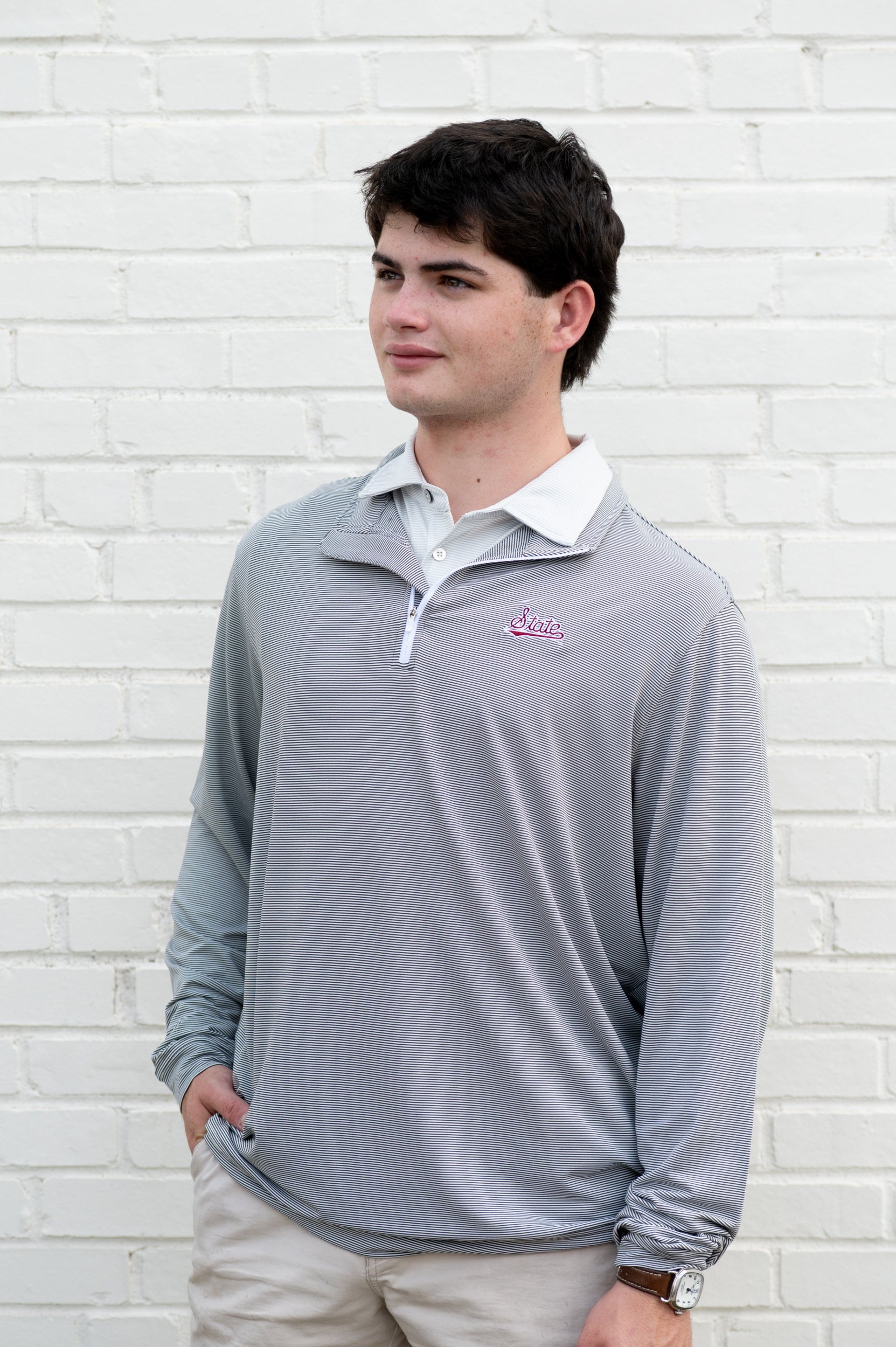 Mississippi State Light Grey Stripe ¼ Zip Pullover with the Script “State” Logo embroidery