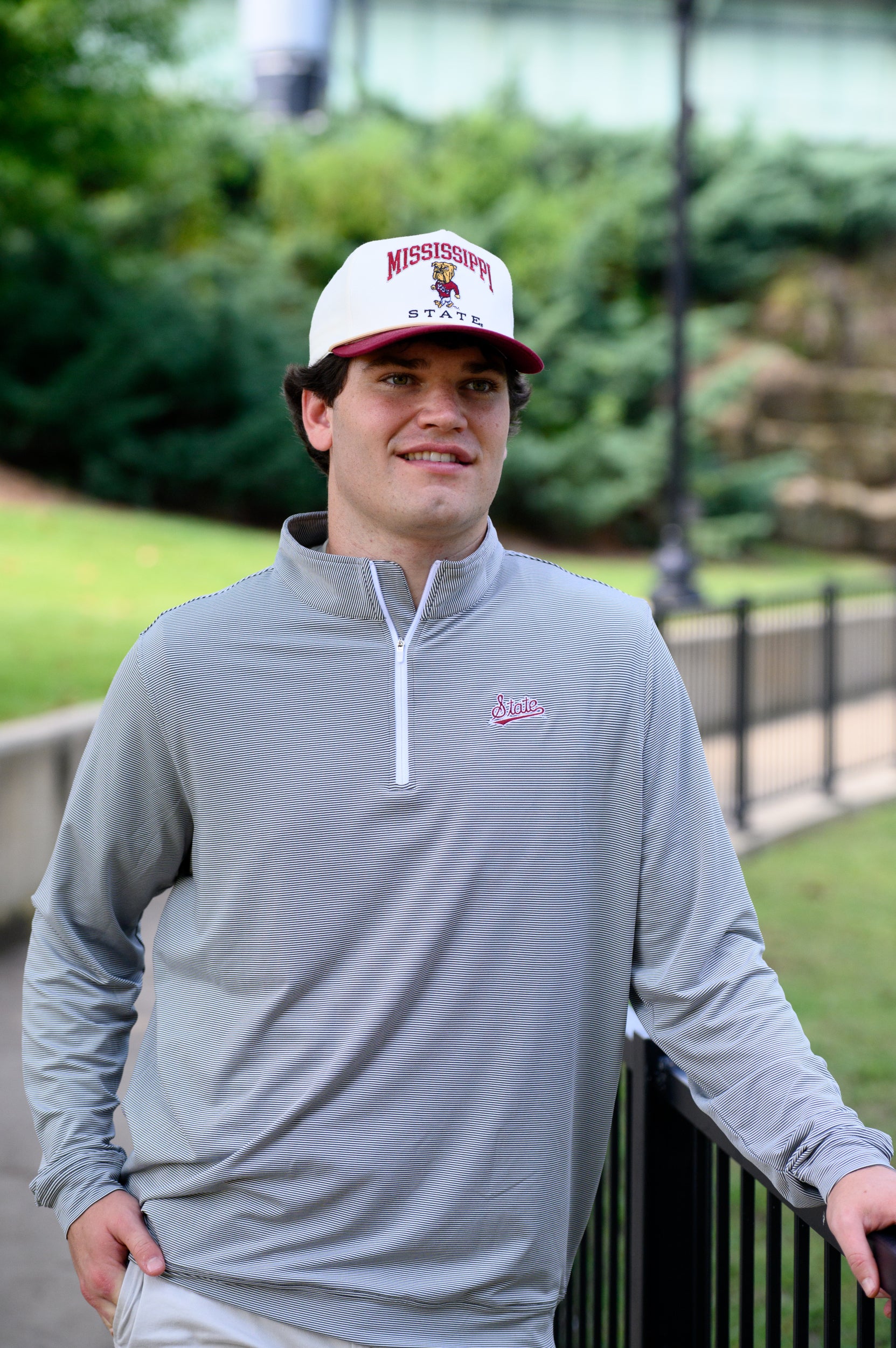 Mississippi State Light Grey Stripe ¼ Zip Pullover with the Script “State” Logo embroidery