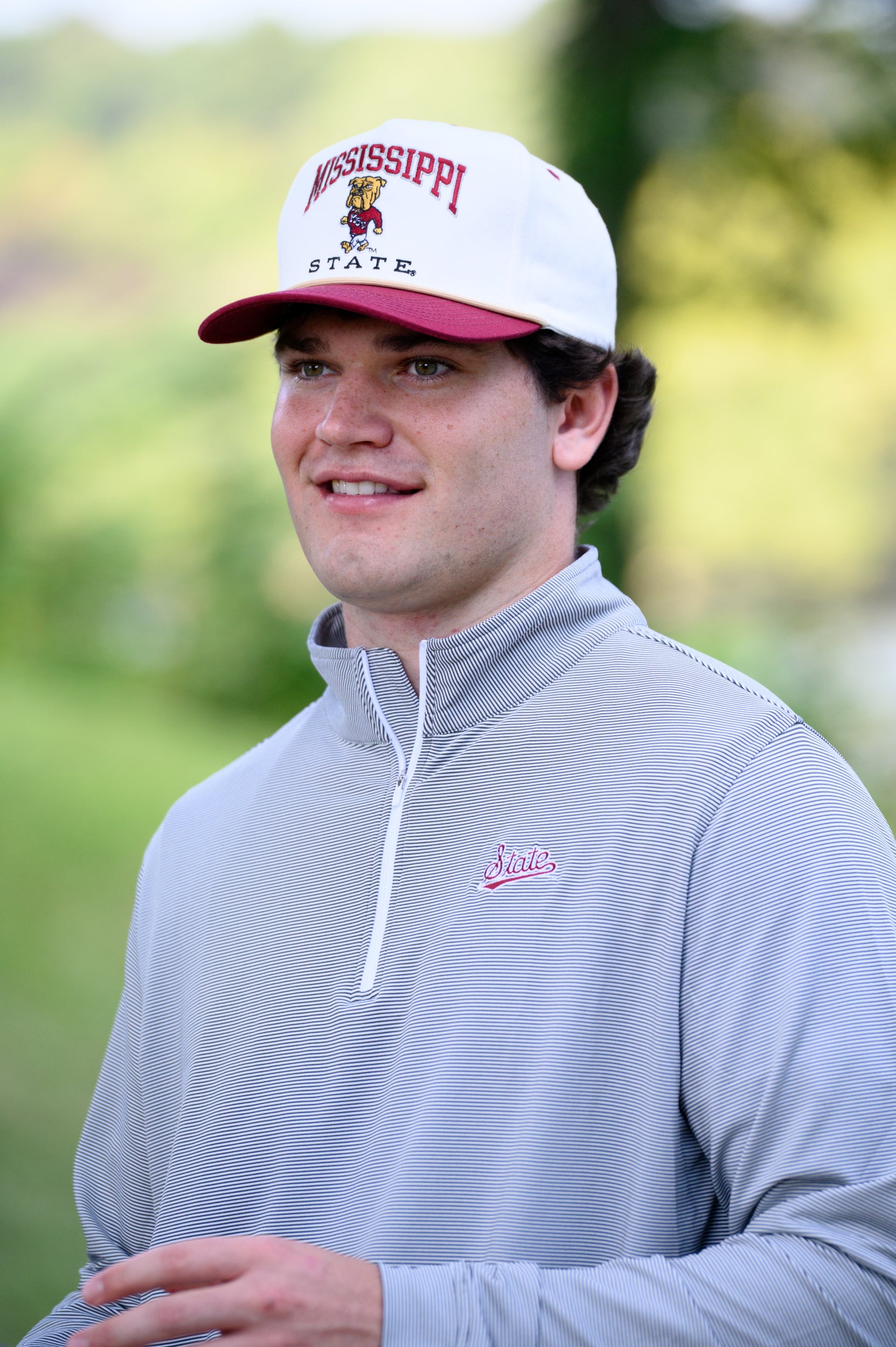 Mississippi State Light Grey Stripe ¼ Zip Pullover with the Script “State” Logo embroidery