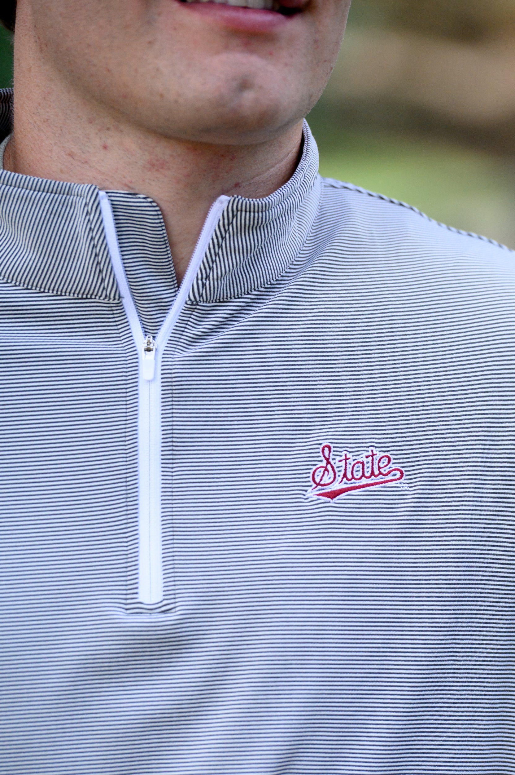 Mississippi State Light Grey Stripe ¼ Zip Pullover with the Script “State” Logo embroidery