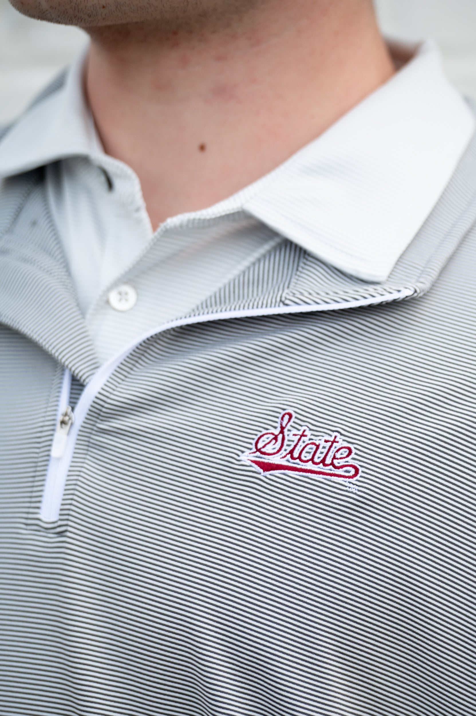 Mississippi State Light Grey Stripe ¼ Zip Pullover with the Script “State” Logo embroidery