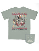 University of Alabama Green T-Shirt with text “CFF First Round Alabama 34” above an image of Big Al in a cowboy outfit inside of an outline of the United States of America with text “24 Oklahoma December 19th, 2025; Norman, Oklahoma” below the image