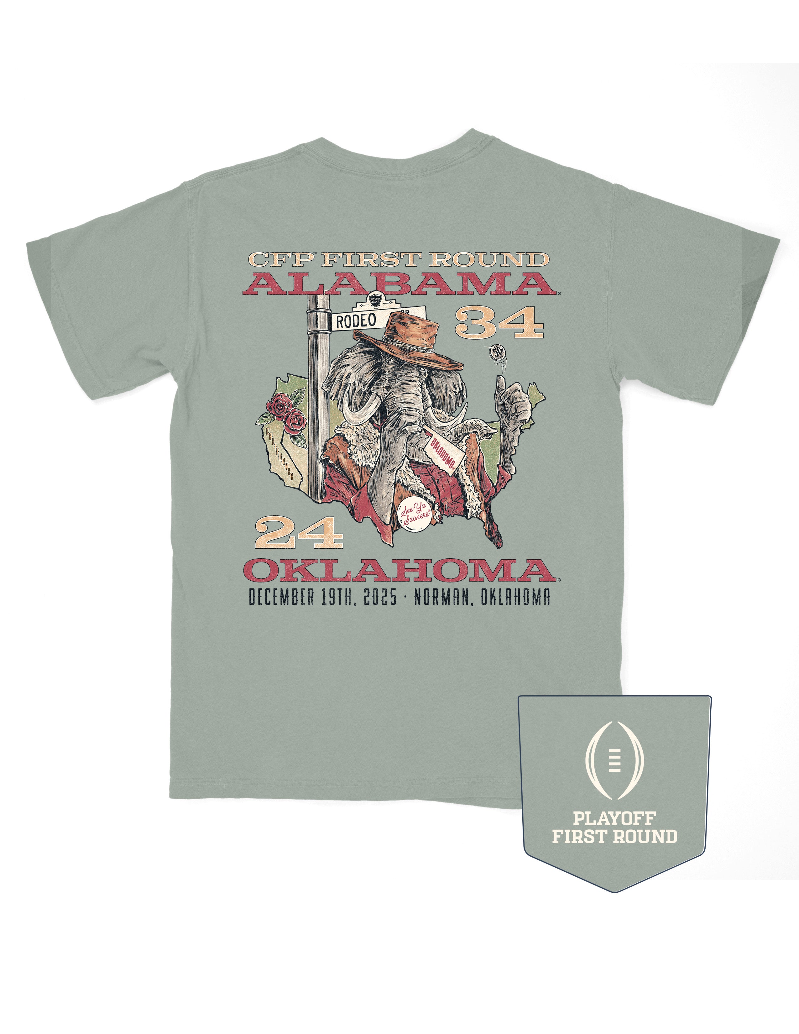 University of Alabama Green T-Shirt with text “CFF First Round Alabama 34” above an image of Big Al in a cowboy outfit inside of an outline of the United States of America with text “24 Oklahoma December 19th, 2025; Norman, Oklahoma” below the image