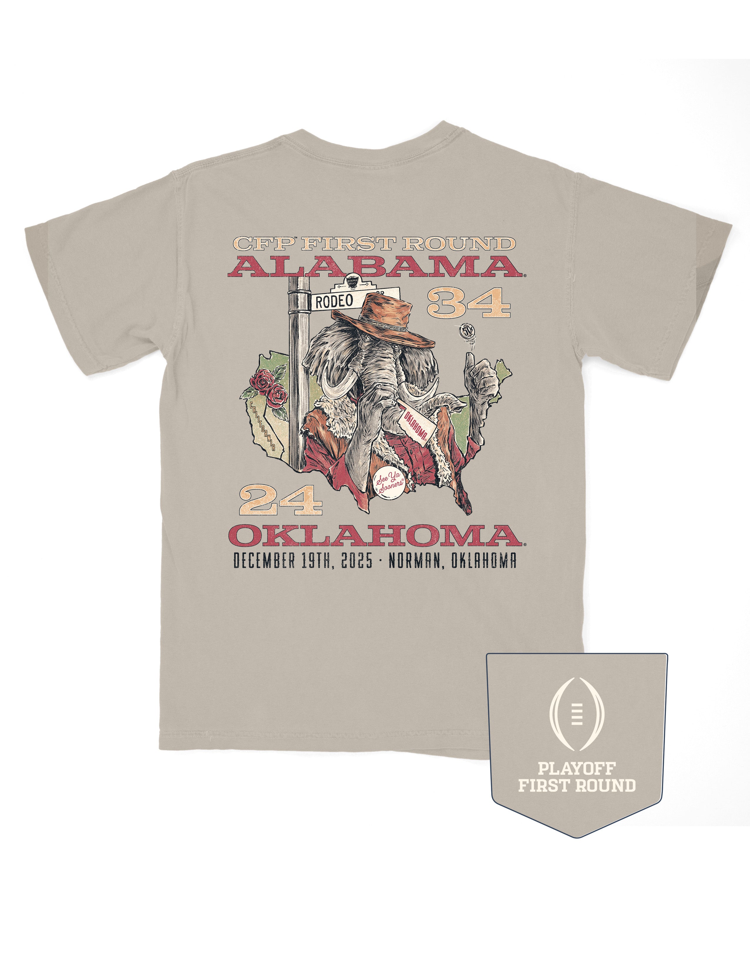 University of Alabama Beige T-Shirt with text “CFF First Round Alabama 34” above an image of Big Al in a cowboy outfit inside of an outline of the United States of America with text “24 Oklahoma December 19th, 2025; Norman, Oklahoma” below the image