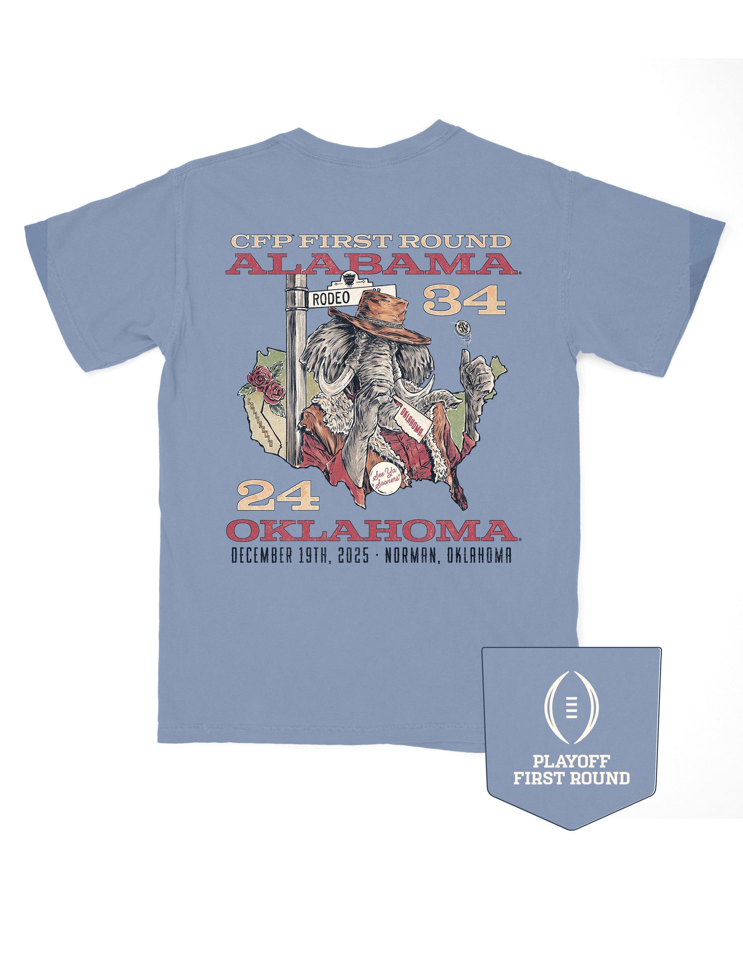 University of Alabama Blue T-Shirt with text “CFF First Round Alabama 34” above an image of Big Al in a cowboy outfit inside of an outline of the United States of America with text “24 Oklahoma December 19th, 2025; Norman, Oklahoma” below the image
