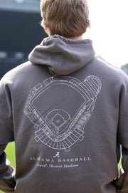 University of Alabama Dark Grey Distressed Hoodie with a White print of the Sewell-Thomas Stadium blueprint above text “Alabama Baseball”