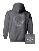 University of Alabama Dark Grey Distressed Hoodie with a White print of the Sewell-Thomas Stadium blueprint above text “Alabama Baseball”