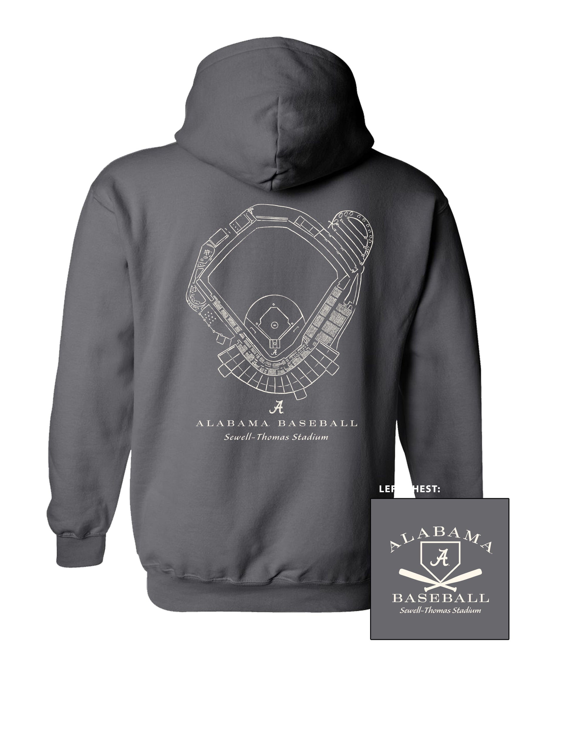 University of Alabama Dark Grey Distressed Hoodie with a White print of the Sewell-Thomas Stadium blueprint above text “Alabama Baseball”