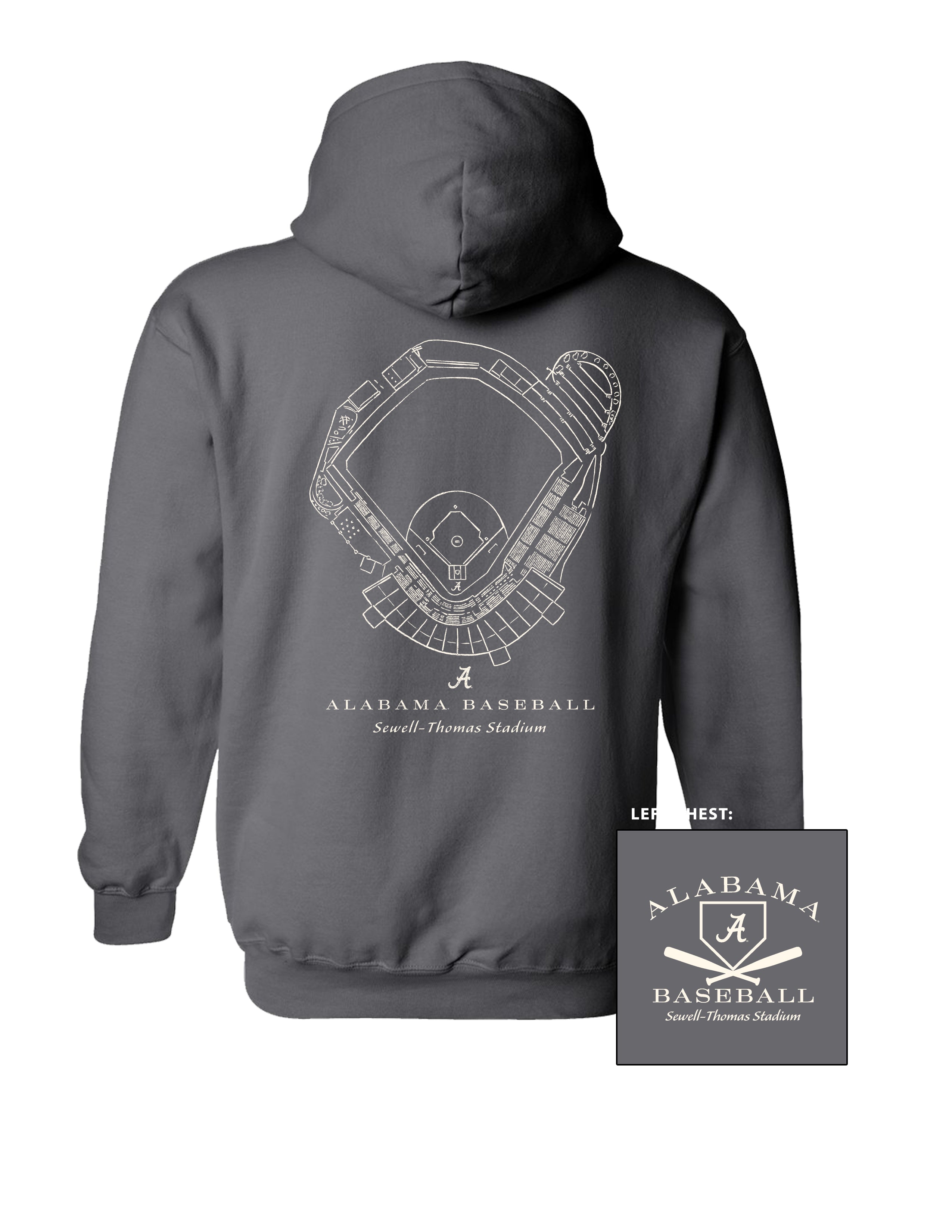 University of Alabama Dark Grey Distressed Hoodie with a White print of the Sewell-Thomas Stadium blueprint above text “Alabama Baseball”